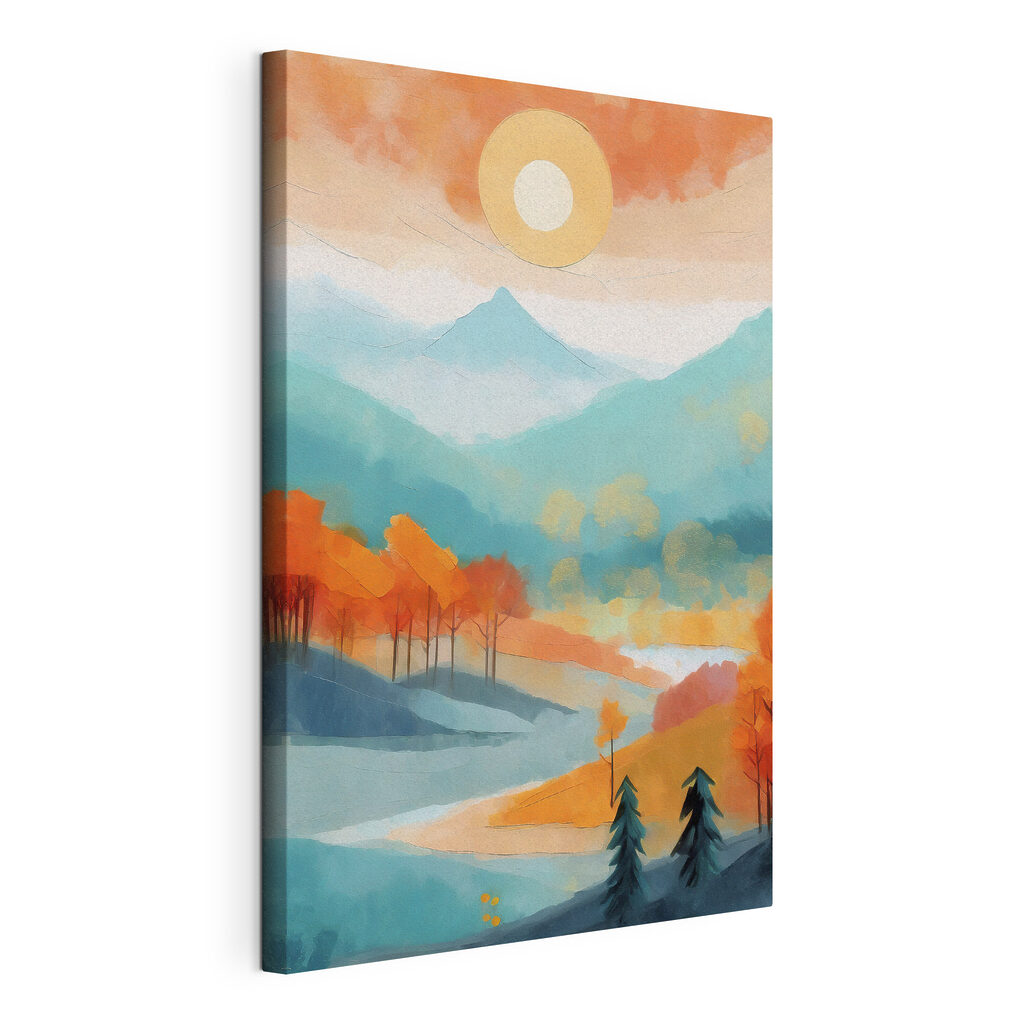 Painting of a landscape with trees and mountains Painting of a landscape with trees and mountains