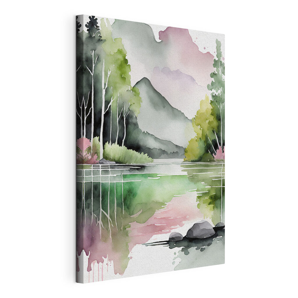 Watercolor painting of a lake with trees and mountains in the background