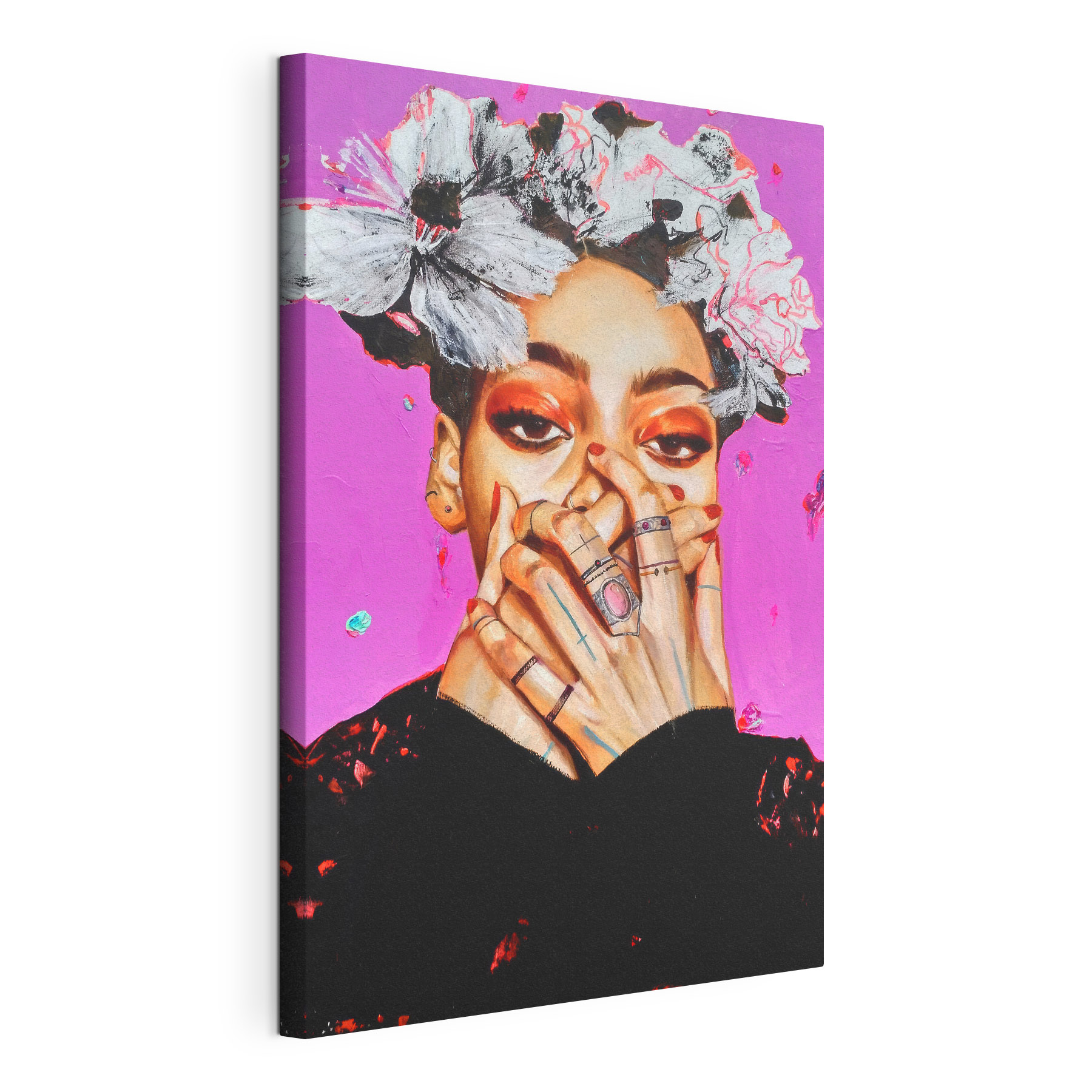 A painting of a woman with her hands over her mouth