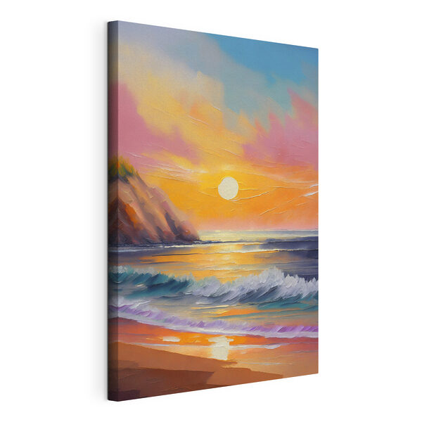 Painting of a beach with waves and hills Painting of a beach with waves and hills