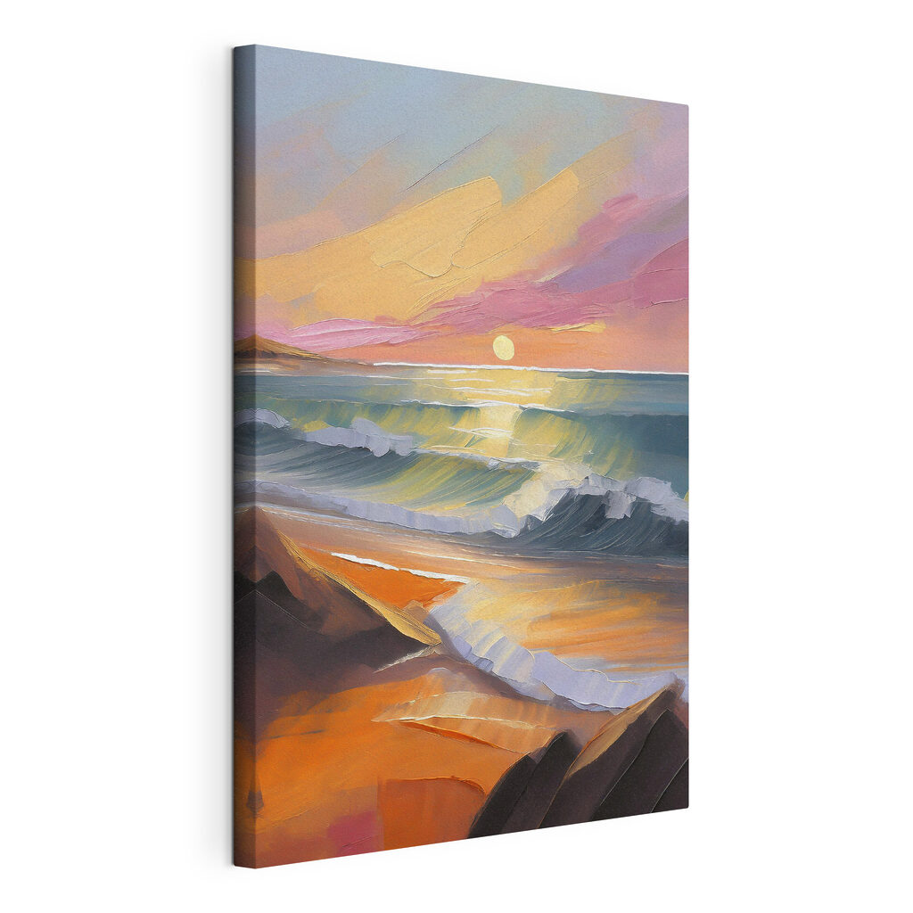 Painting of a beach with waves and a sunset