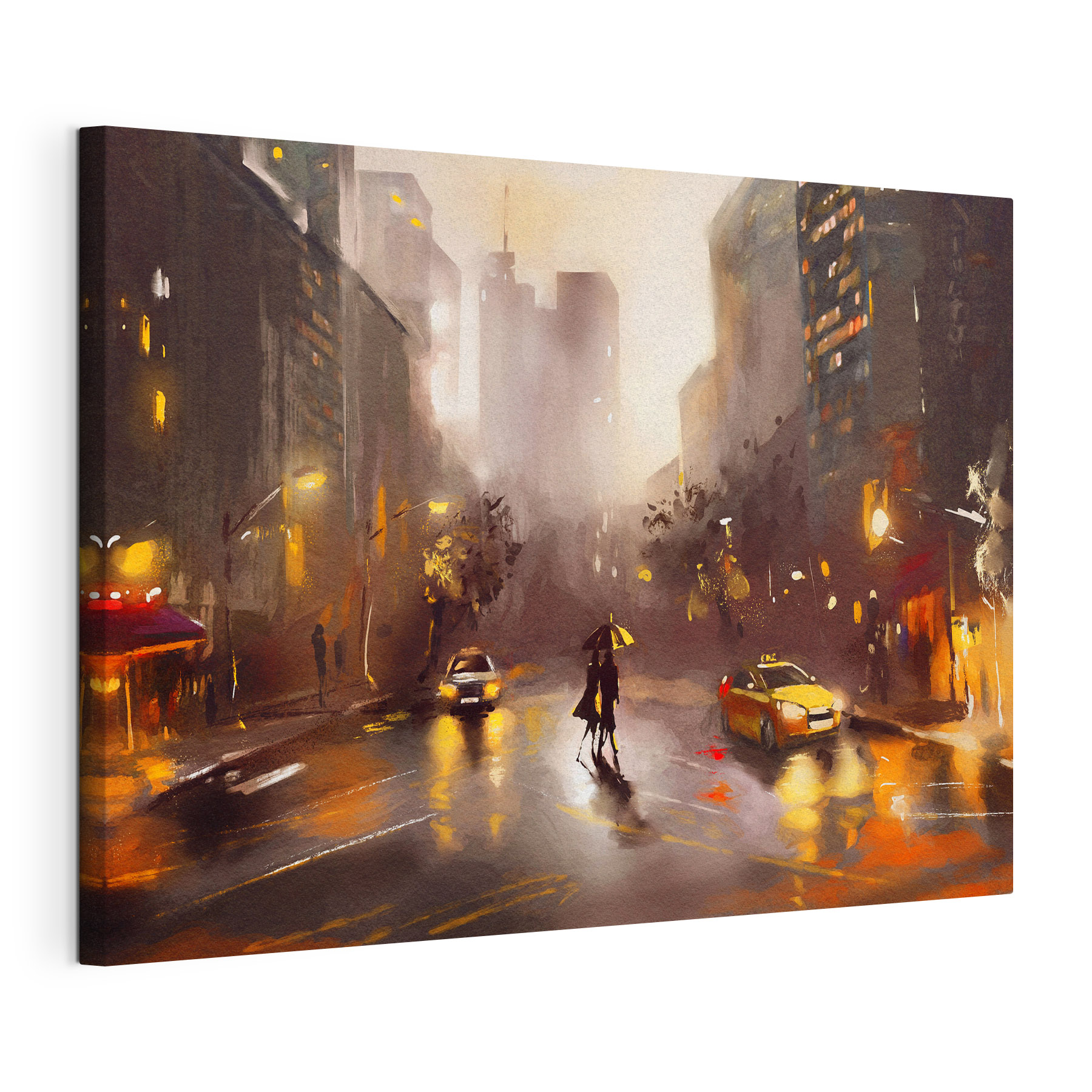 A person with an umbrella walking on a wet street with cars and buildings