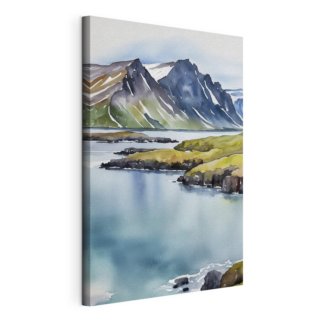 Watercolor of a lake and mountains