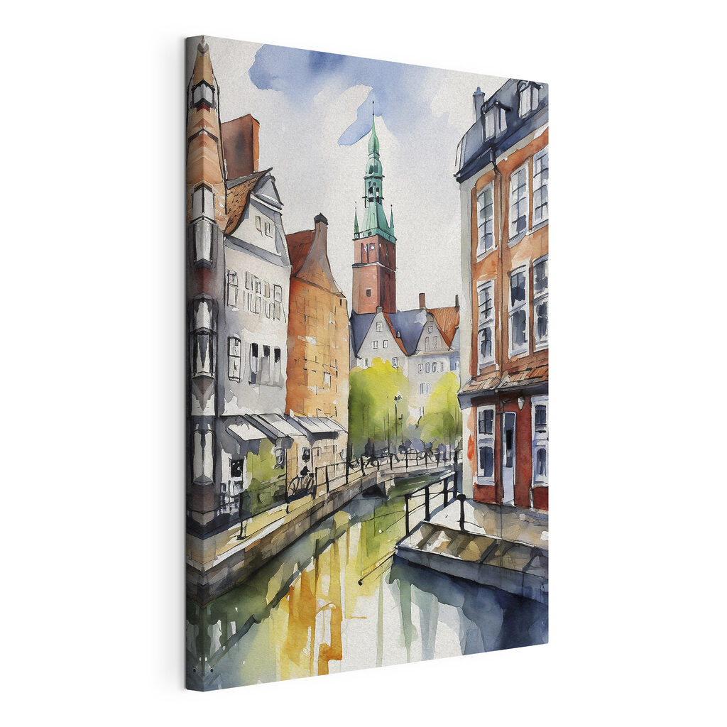 Watercolor of a canal with buildings and a tower