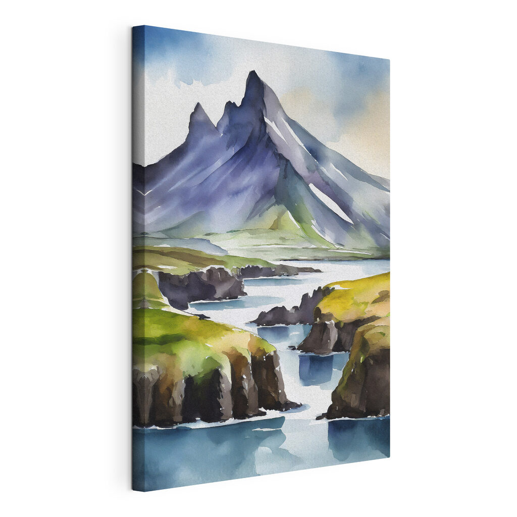 Watercolor painting of a mountain and a river