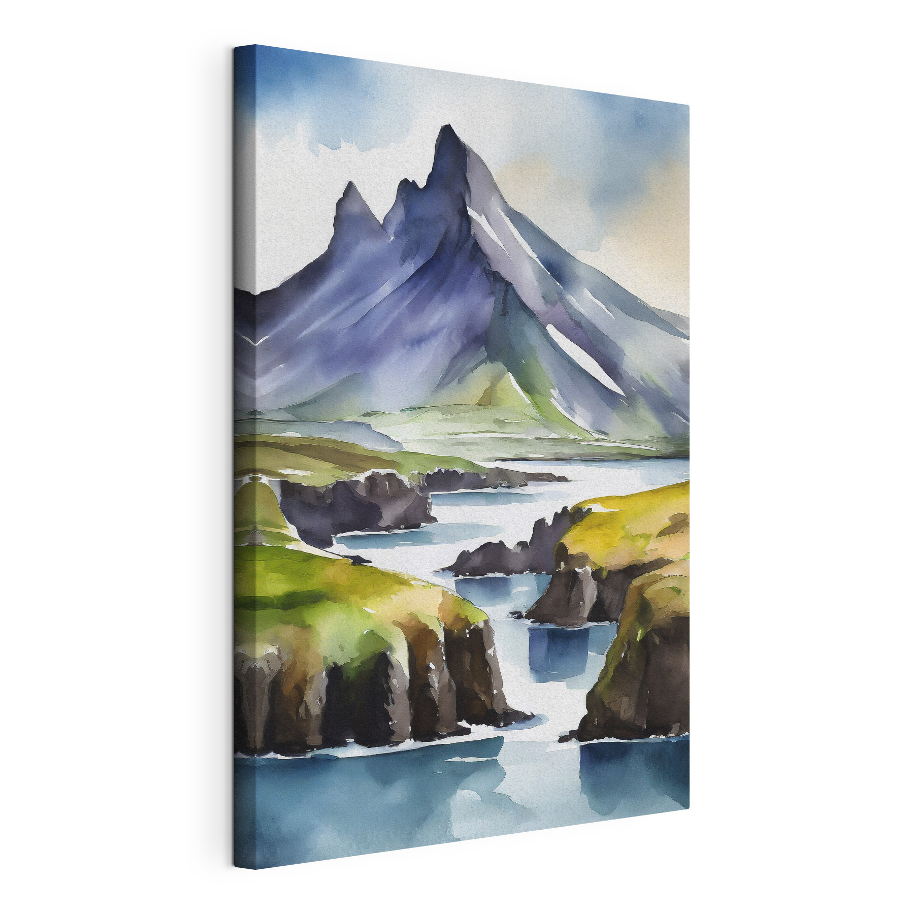 Watercolor painting of a mountain and a river