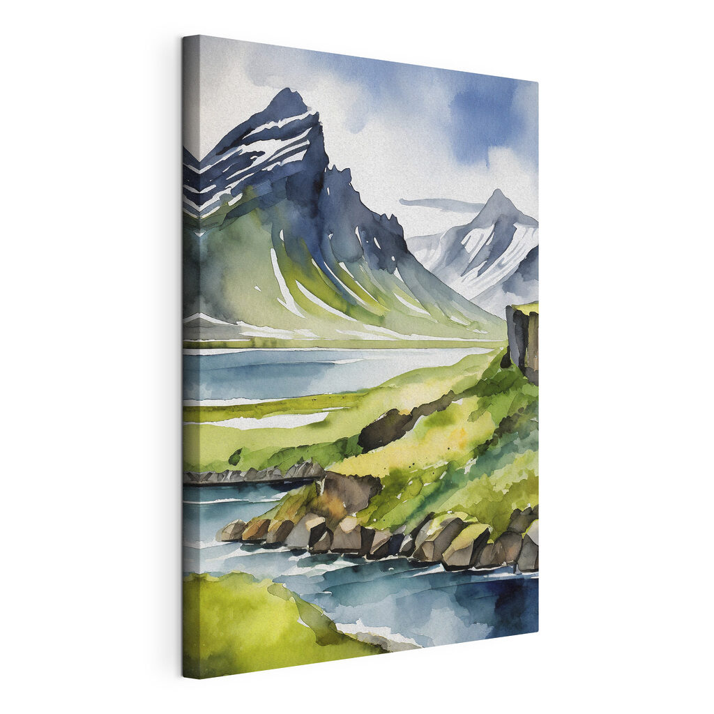Watercolor painting of a mountain and lake Watercolor painting of a mountain and lake