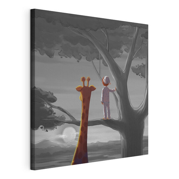Quadri Una giraffa e un bambino in piedi su un albero (COD: s36700) Quadri Quadri Una giraffa e un bambino in piedi su un albero (COD: s36700)