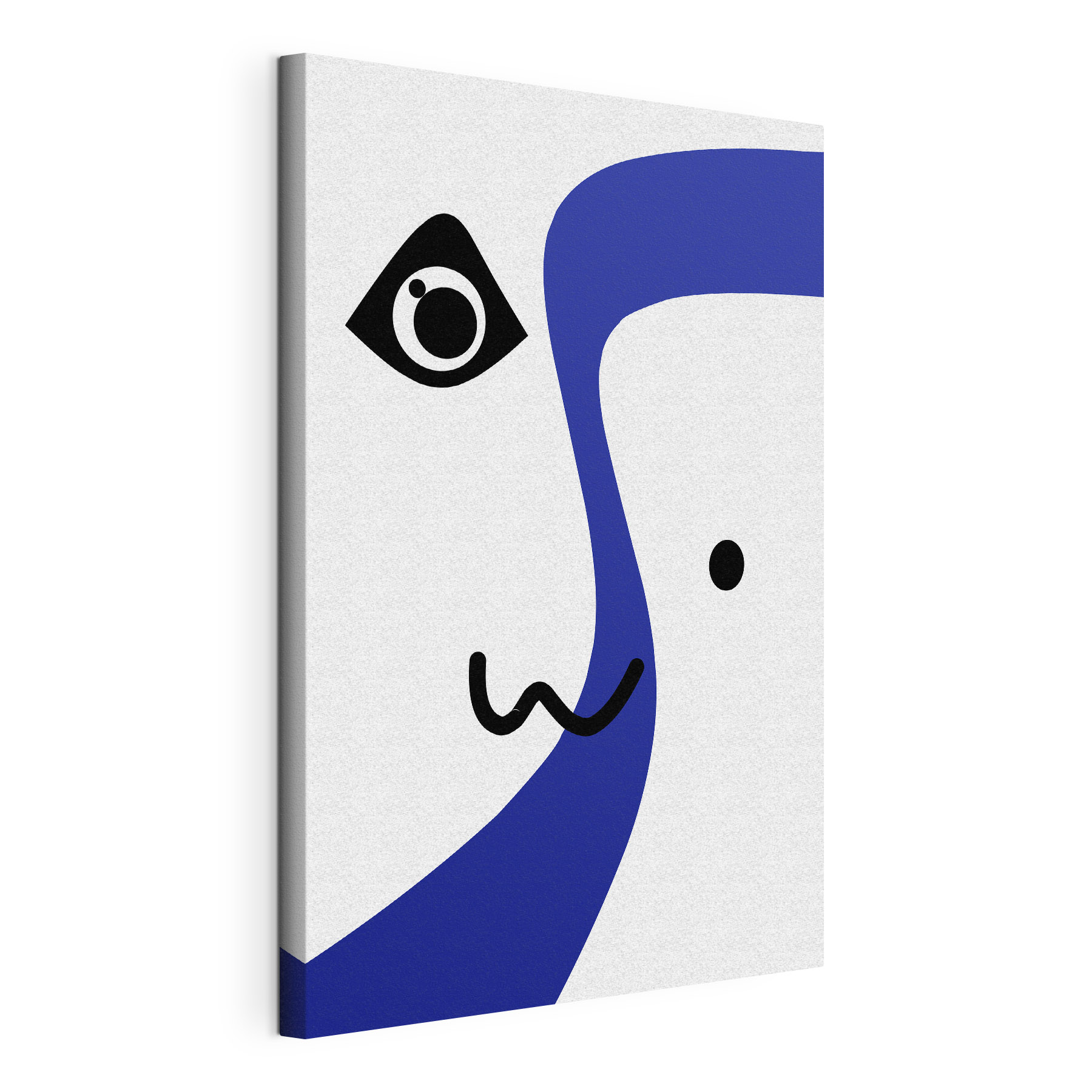A blue and white face with black eyes and a black line