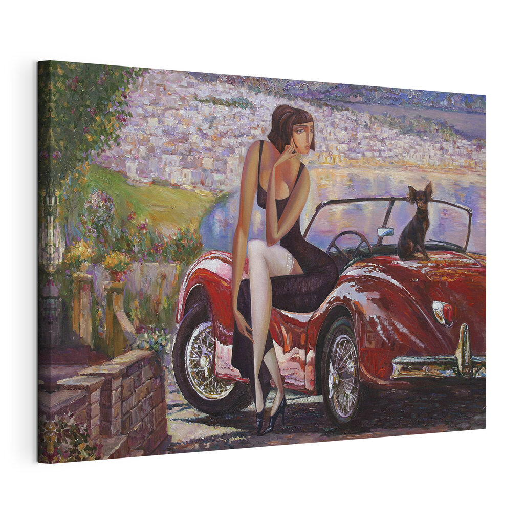 A painting of a woman sitting on a red car with a dog
