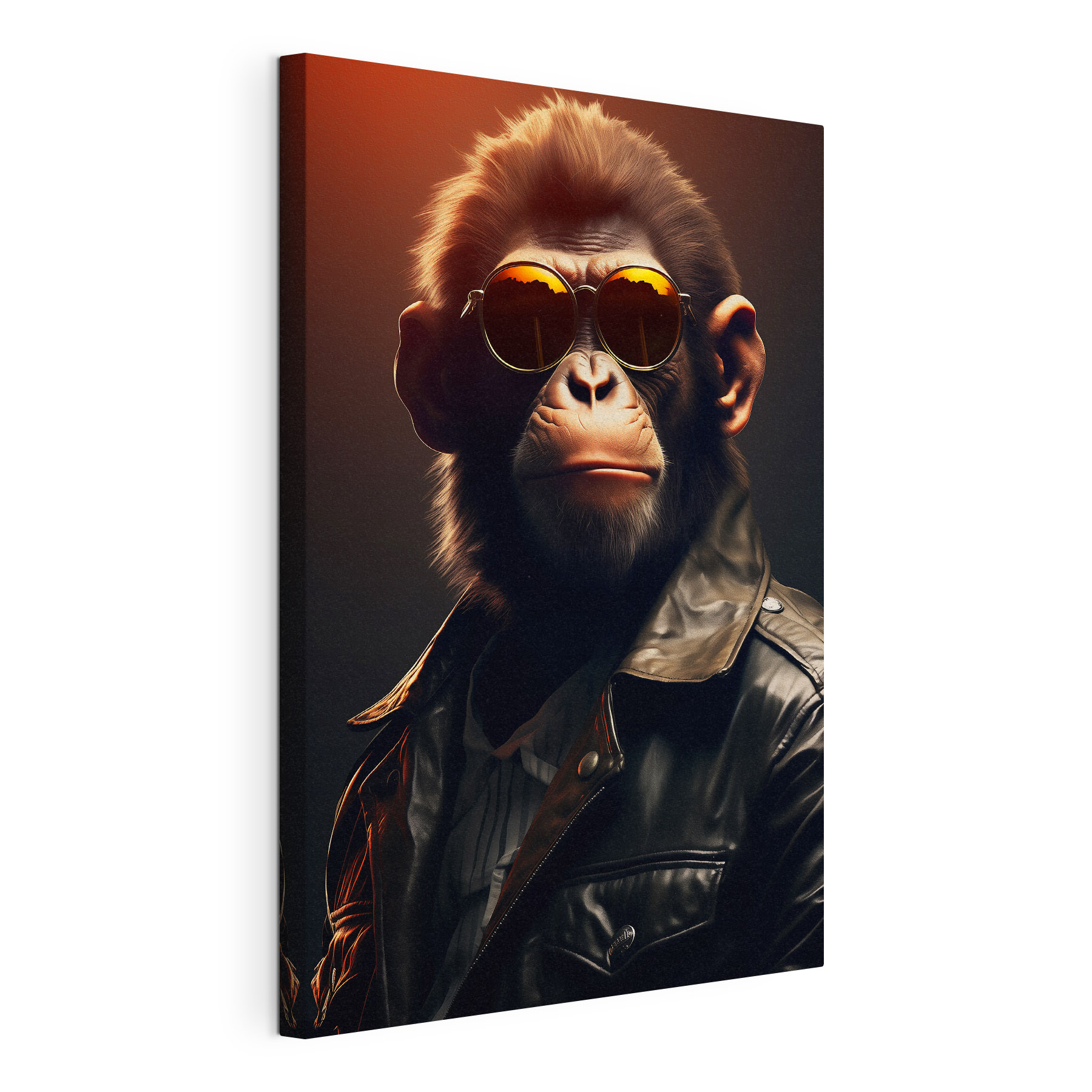 A monkey wearing sunglasses and a leather jacket