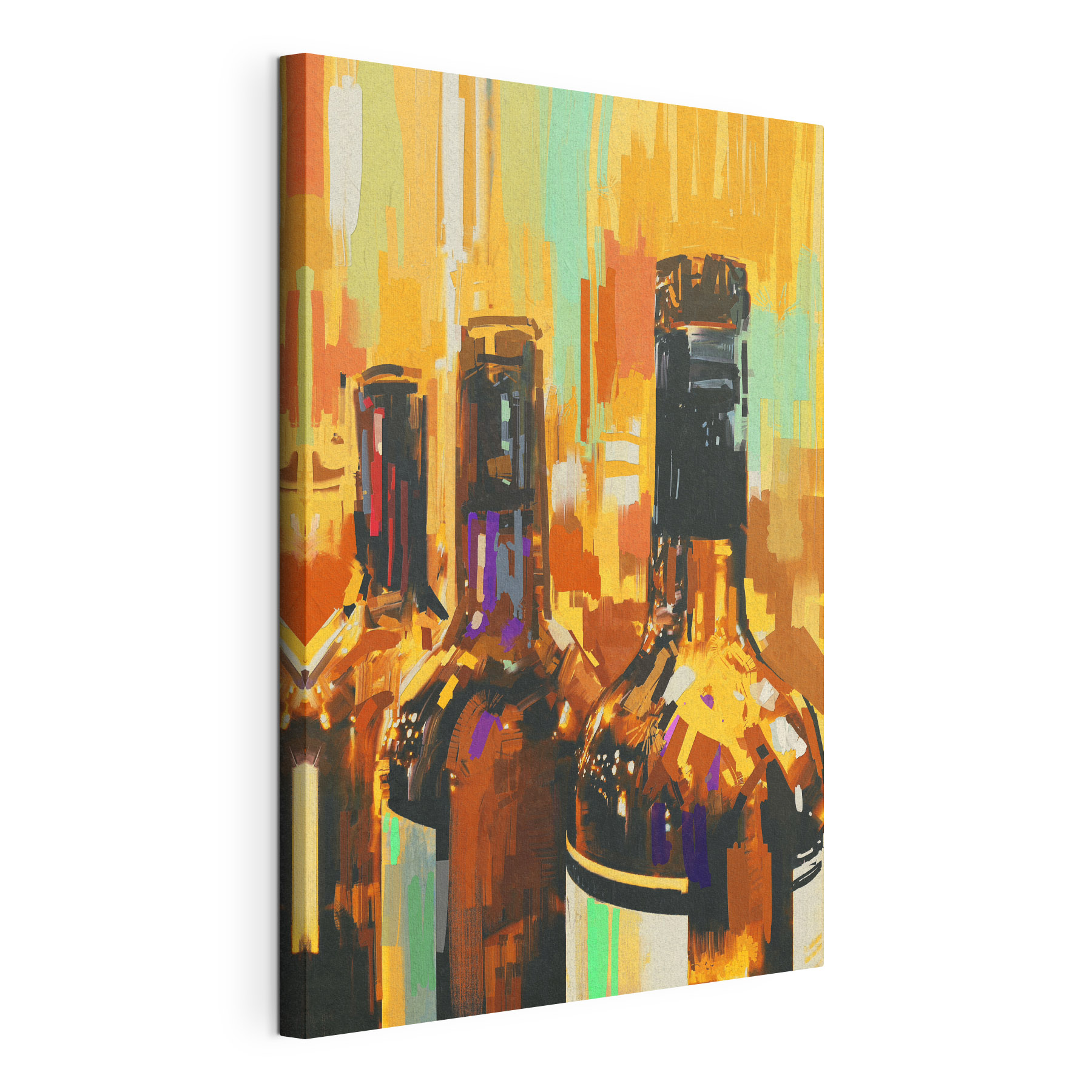 A group of bottles with a colorful background