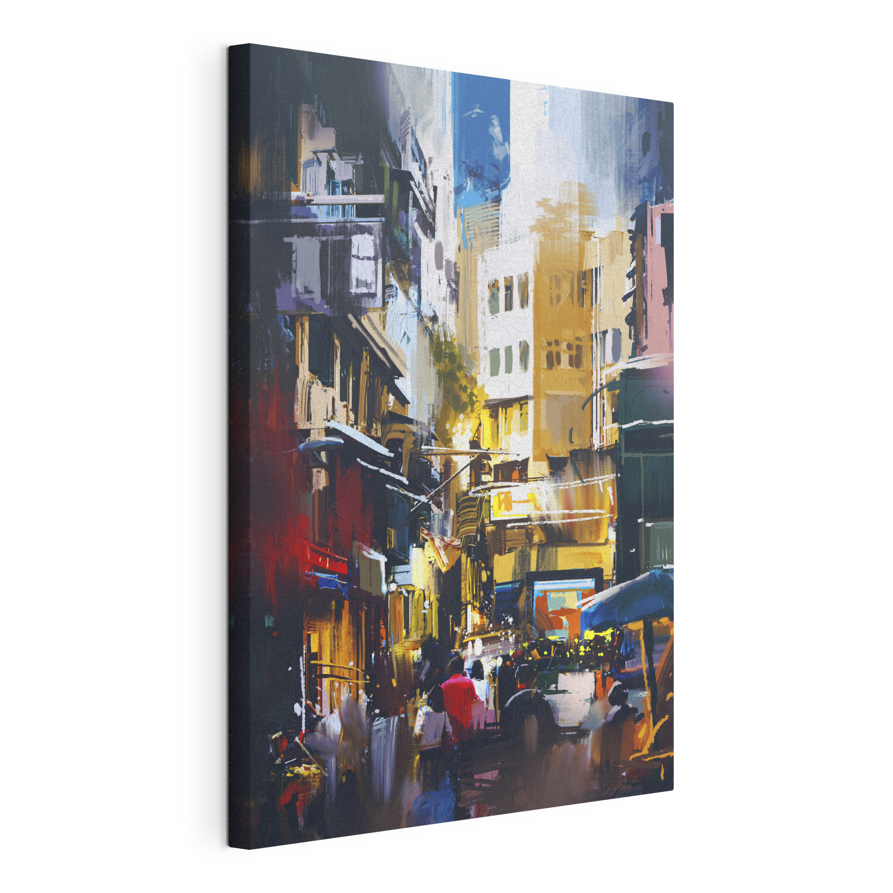 A street with buildings and people walking