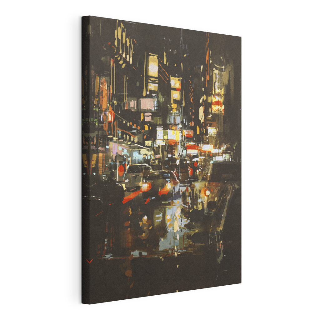 A city street with cars and lights