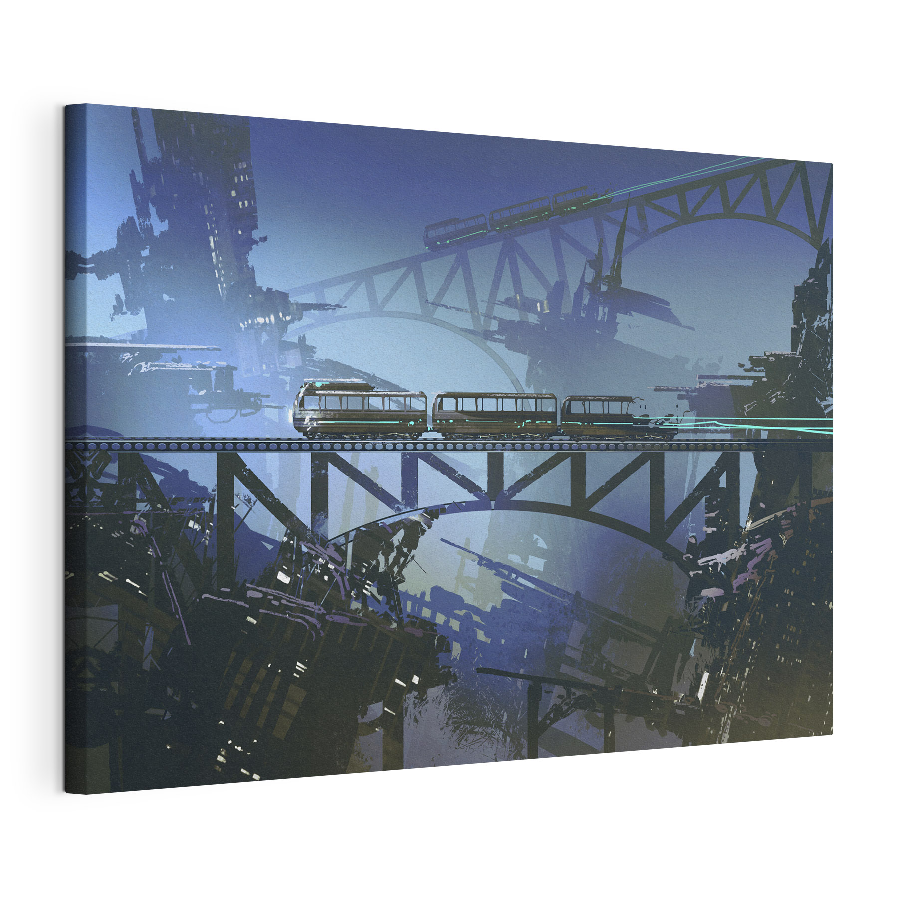 A train on a bridge over a city A train on a bridge over a city