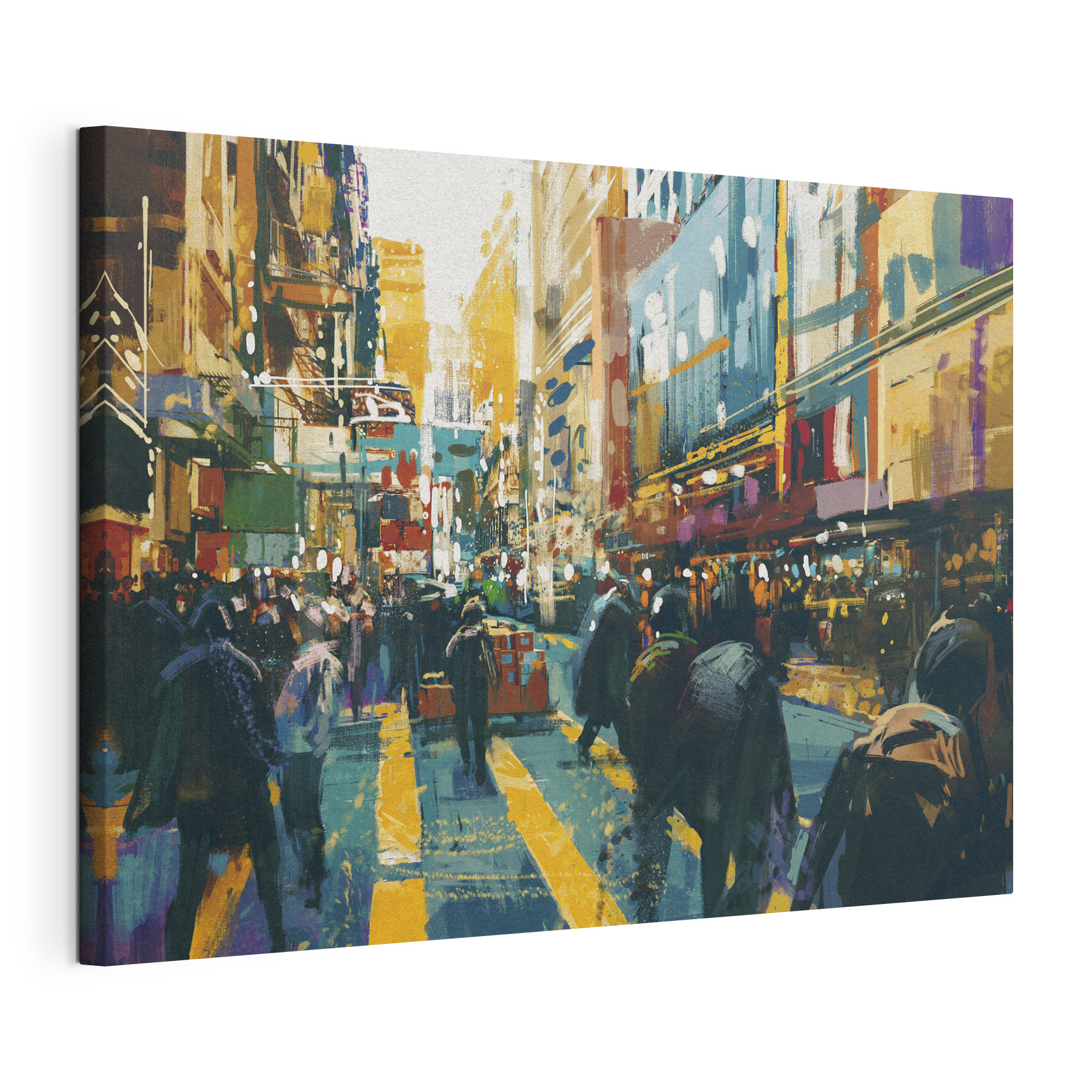 A group of people walking in a city
