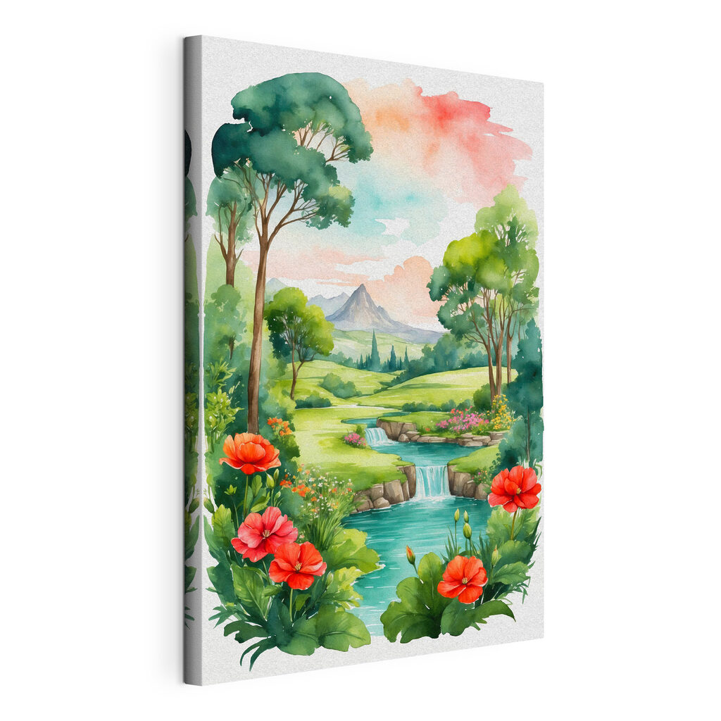 A watercolor painting of a river and flowers A watercolor painting of a river and flowers