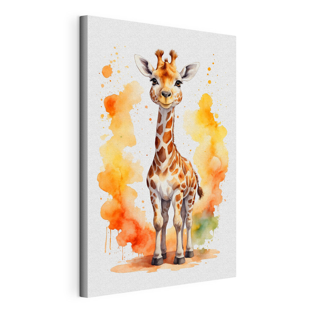 A giraffe standing in front of orange and yellow splashes A giraffe standing in front of orange and yellow splashes