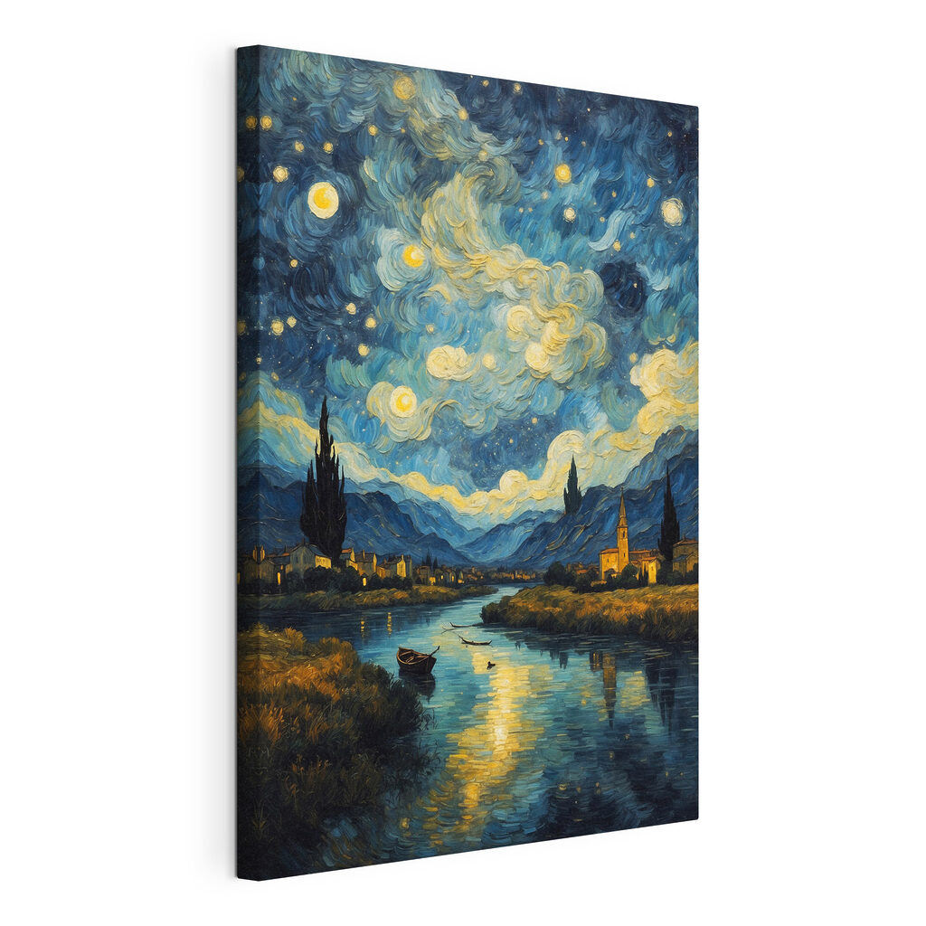 A painting of a town and a river A painting of a town and a river