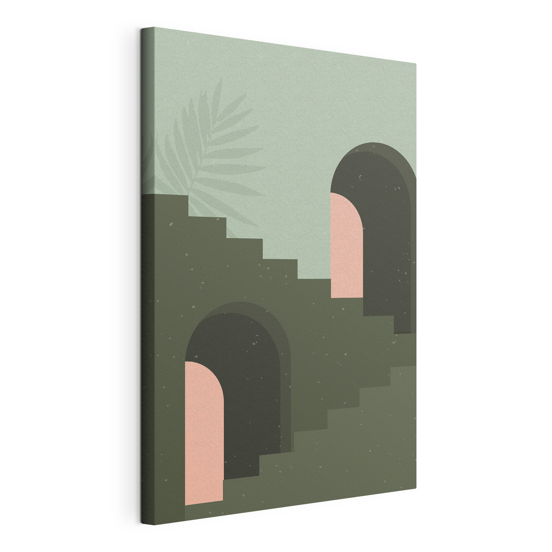 A green staircase with a pink arch and a palm leaf A green staircase with a pink arch and a palm leaf