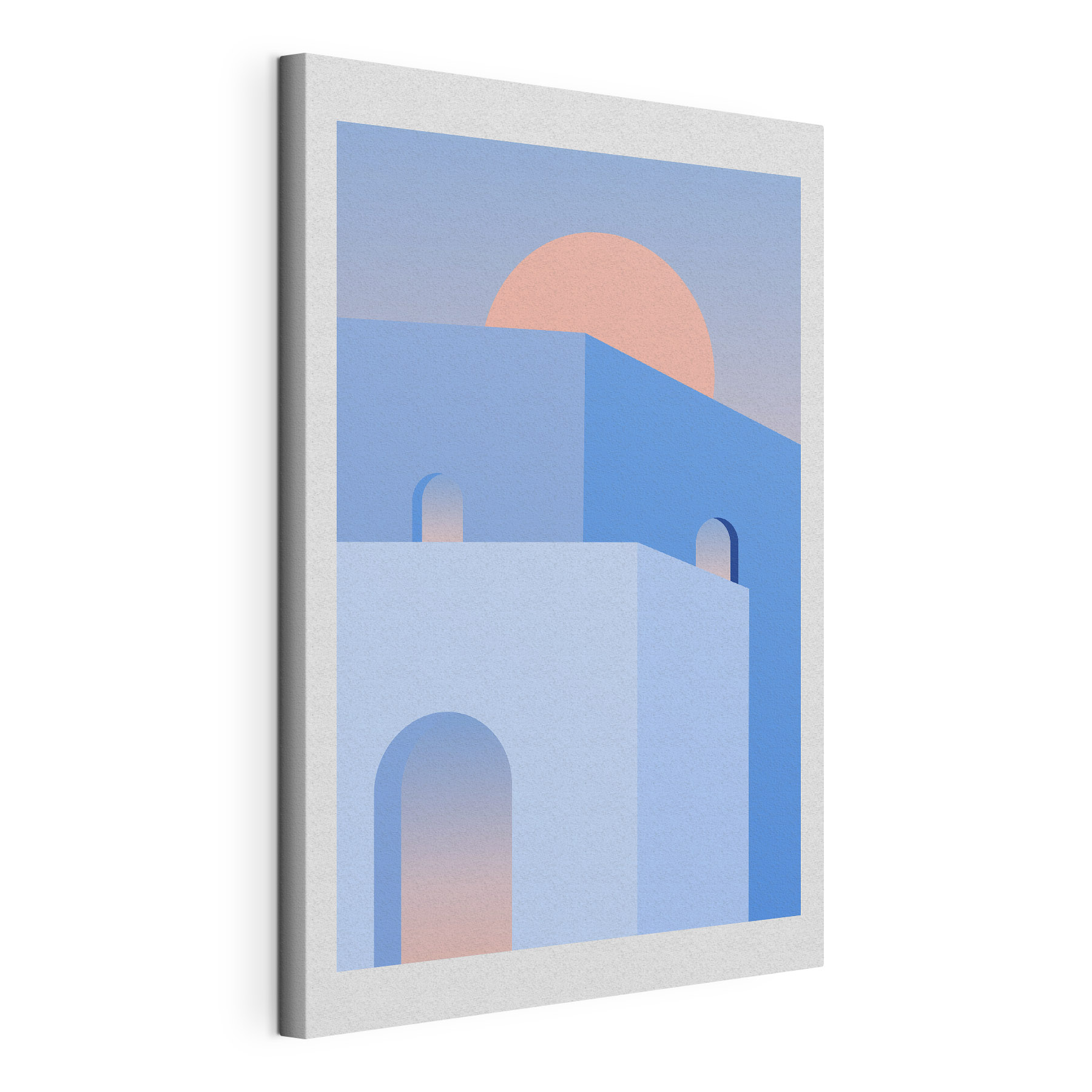 A blue building with a pink sun behind it A blue building with a pink sun behind it