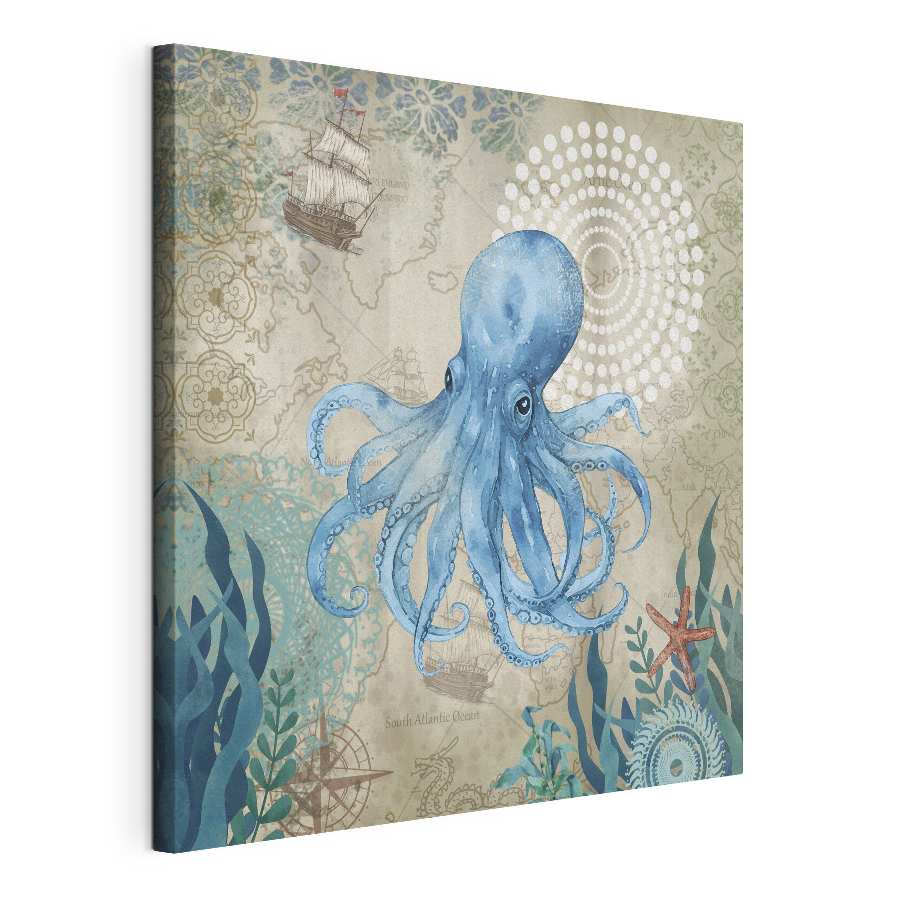 A blue octopus with a map of the ocean A blue octopus with a map of the ocean