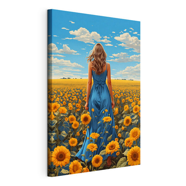 Quadri Quadri Una donna con un vestito blu in un campo di girasoli (COD: s37164)