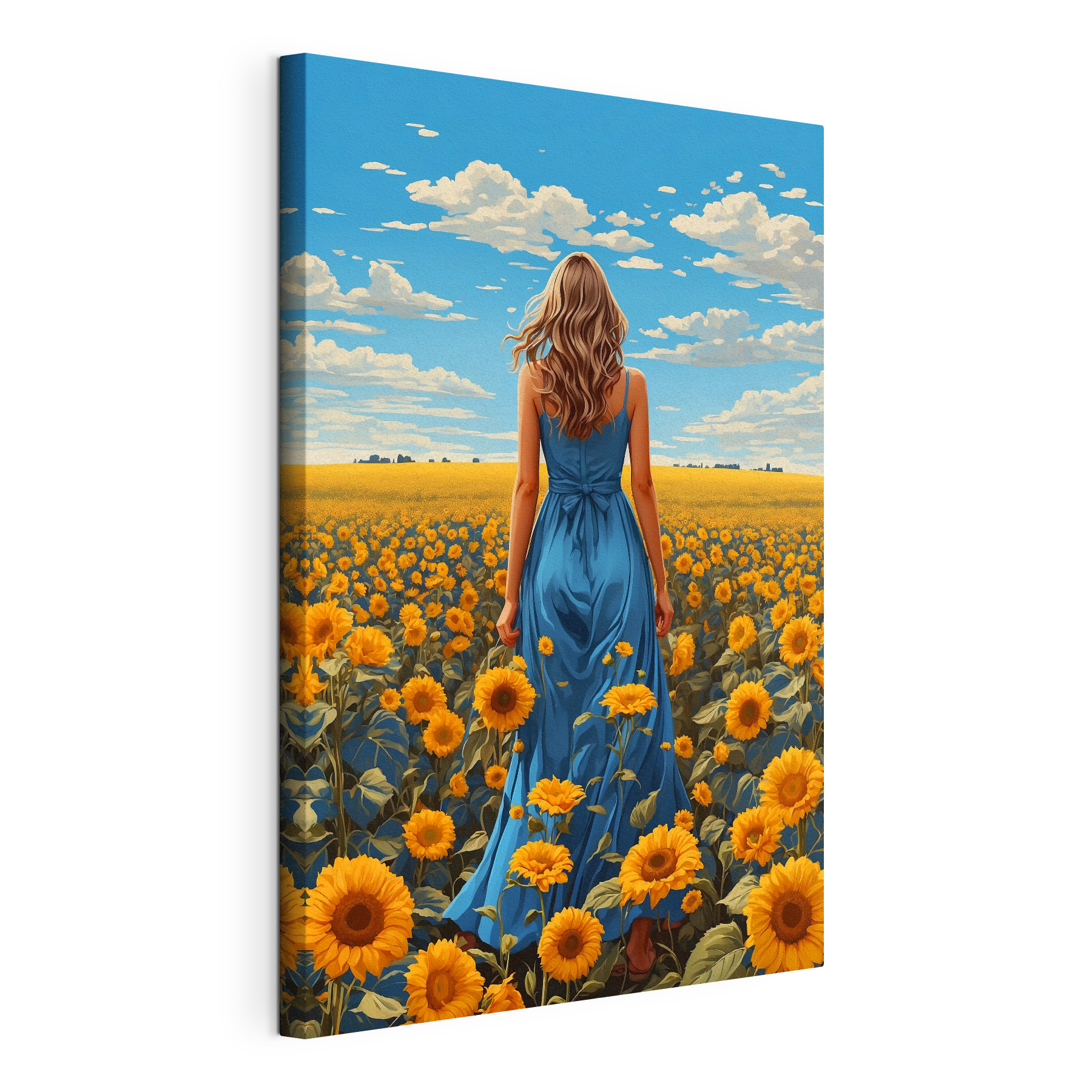 A woman in a blue dress in a field of sunflowers A woman in a blue dress in a field of sunflowers