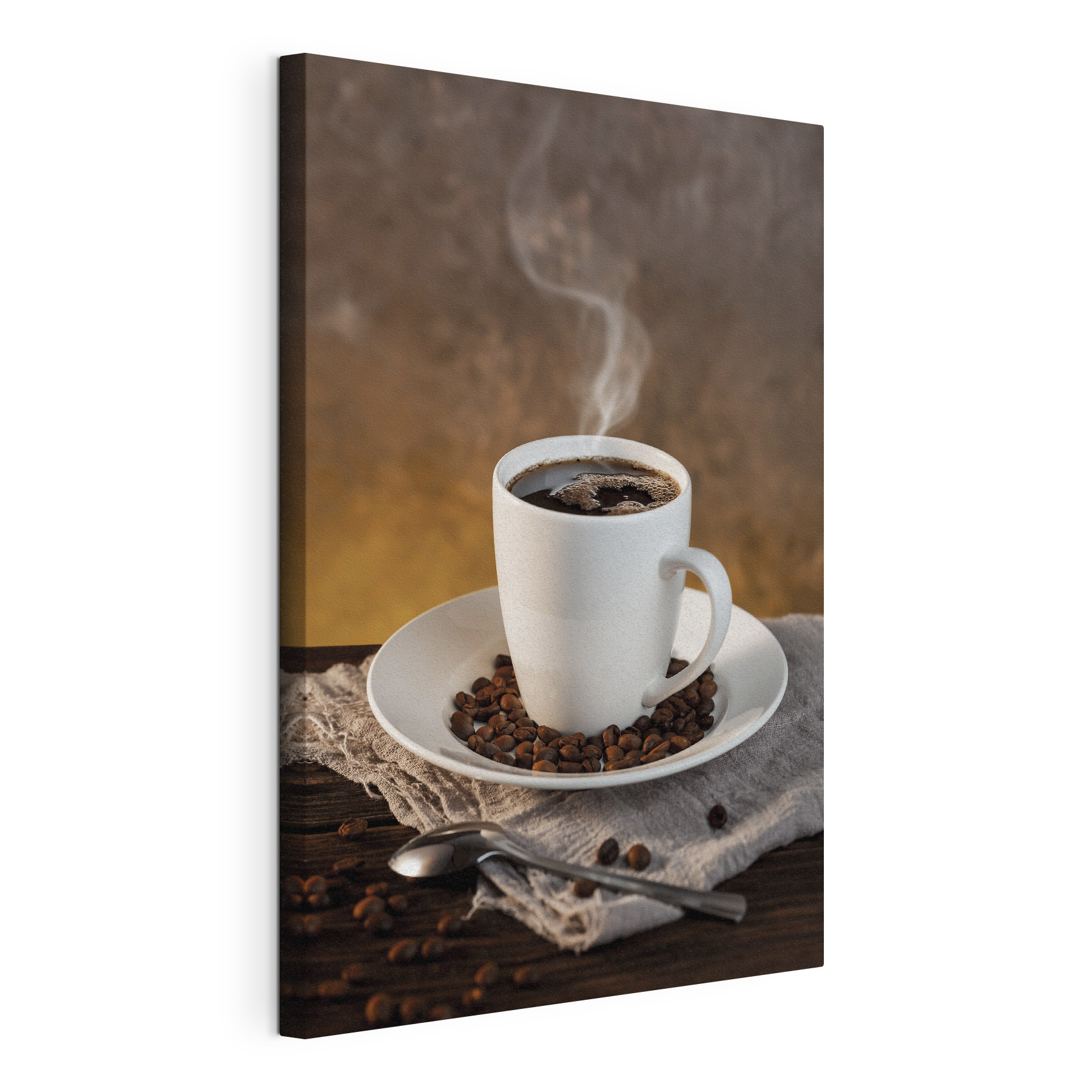 A cup of coffee on a plate with beans and a spoon A cup of coffee on a plate with beans and a spoon