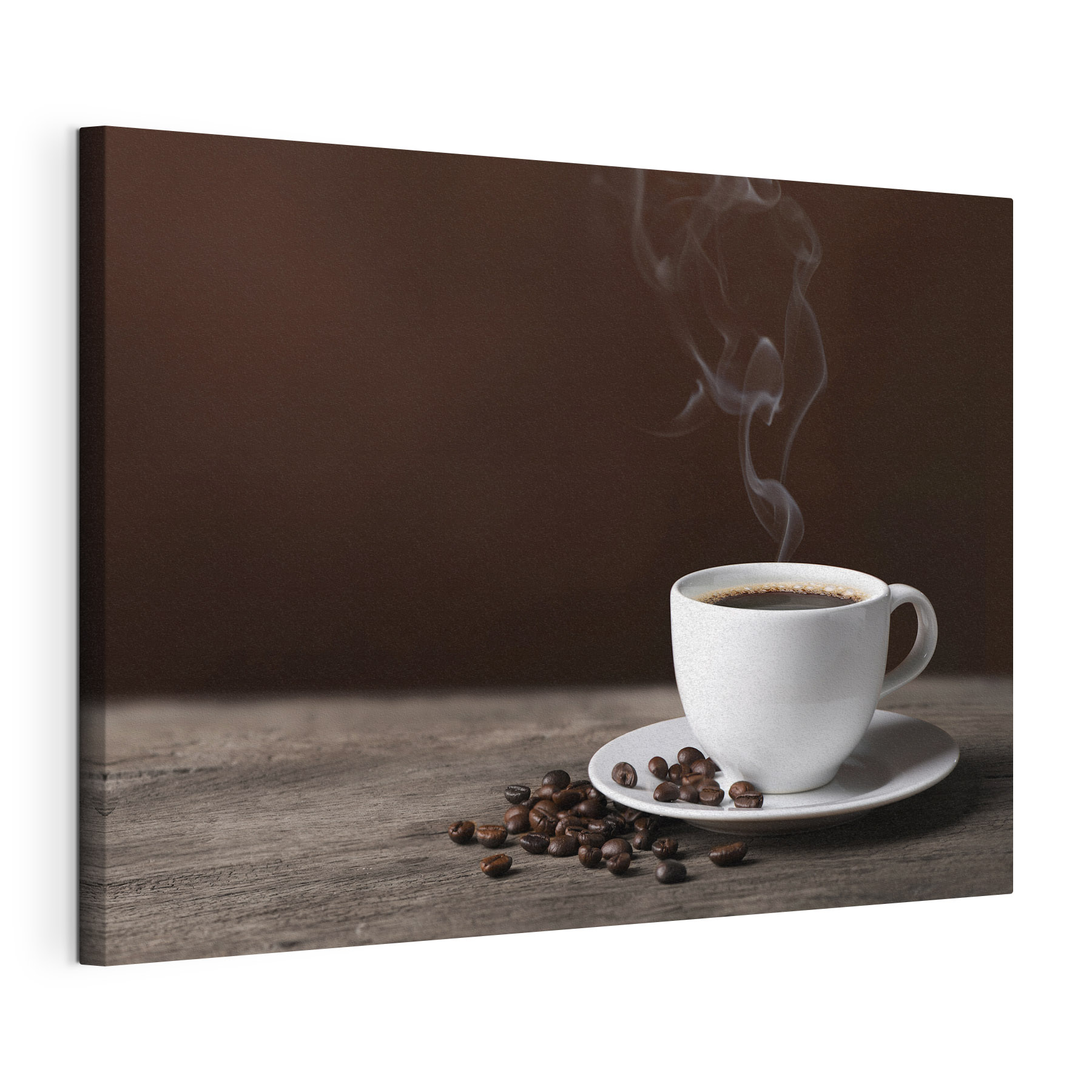 A cup of coffee with smoke and beans on a wooden surface A cup of coffee with smoke and beans on a wooden surface