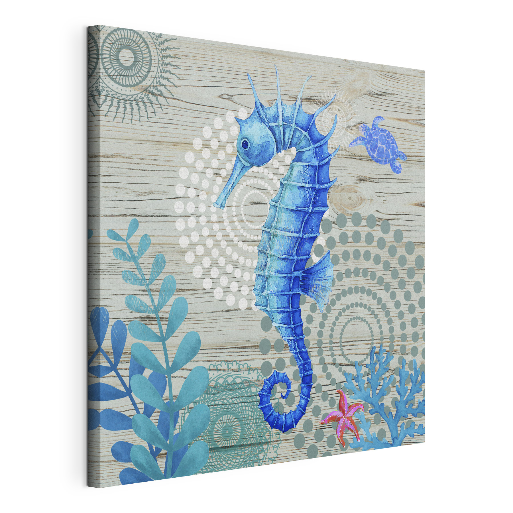 A blue seahorse and seaweed on a wood surface