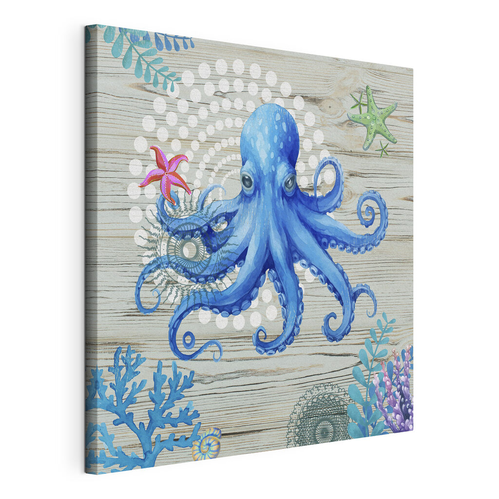 A blue octopus with starfish and corals