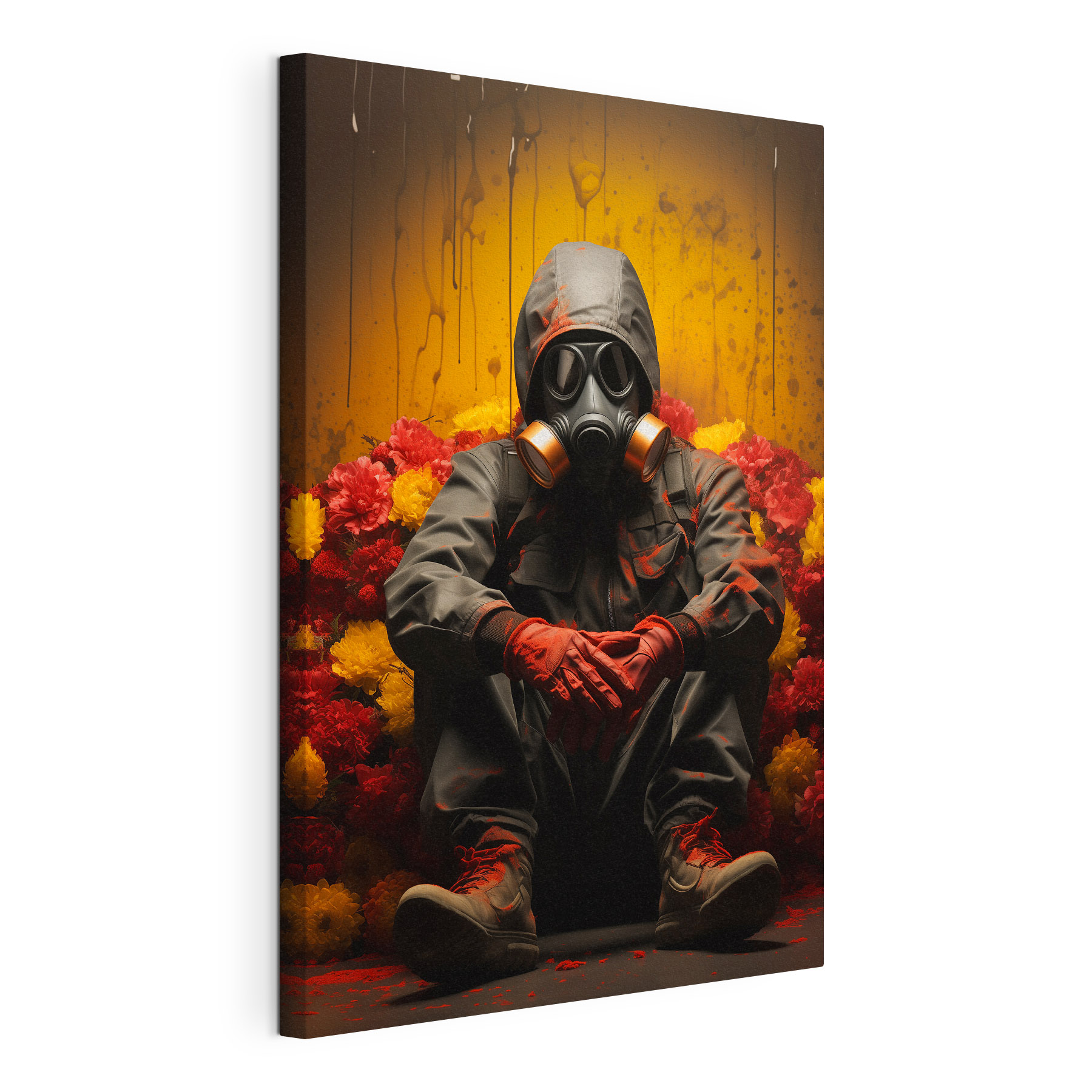 A person wearing a gas mask and gloves sitting in a chair with flowers