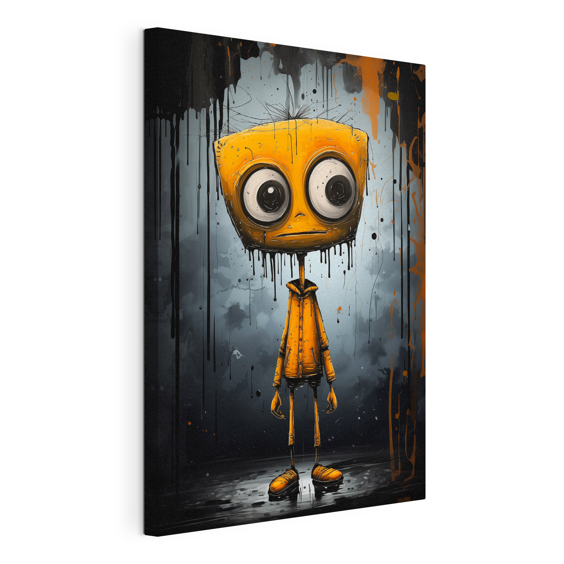 A cartoon character with a square head and large eyes