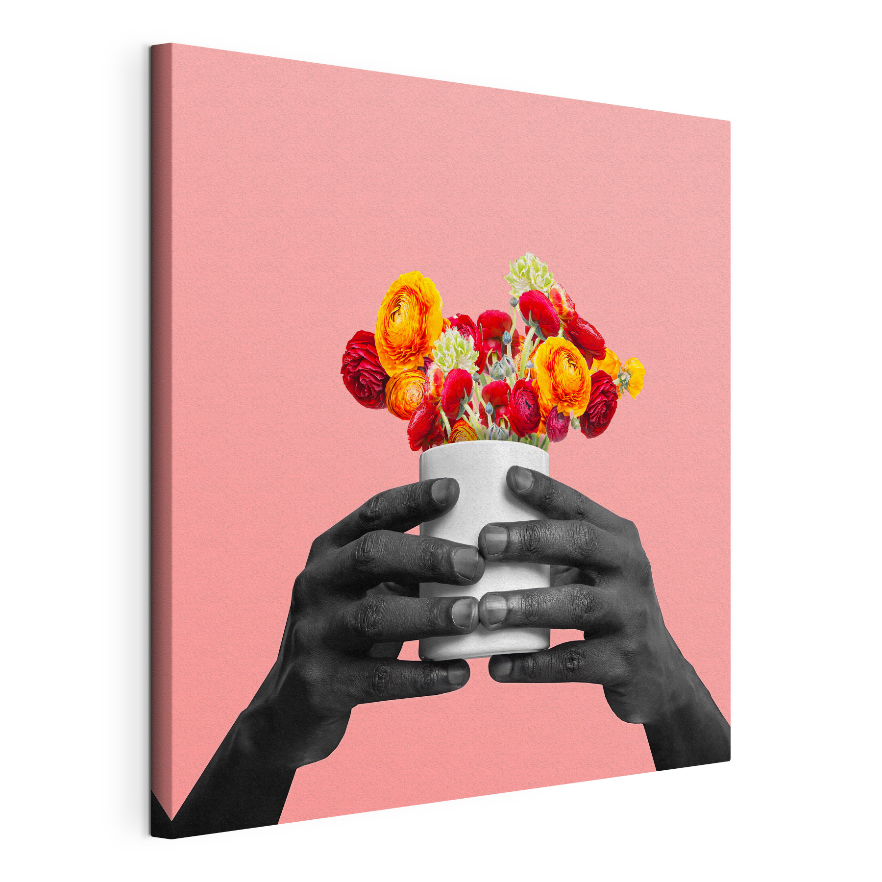 A black hands holding a white cup with flowers A black hands holding a white cup with flowers