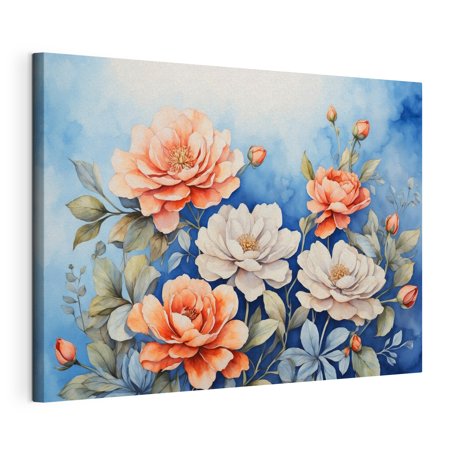 A painting of flowers on a blue background A painting of flowers on a blue background