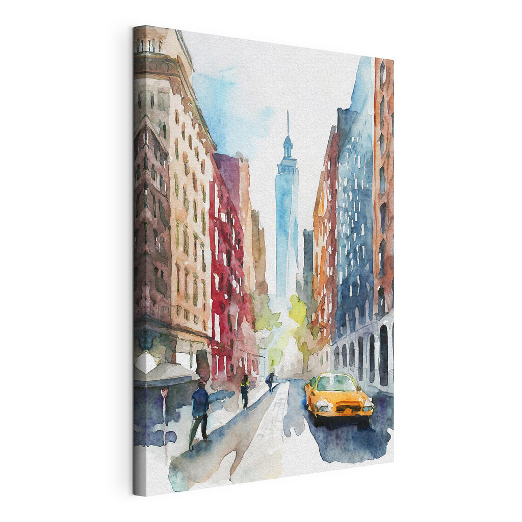 Watercolor of a street with buildings and a tall tower in the background