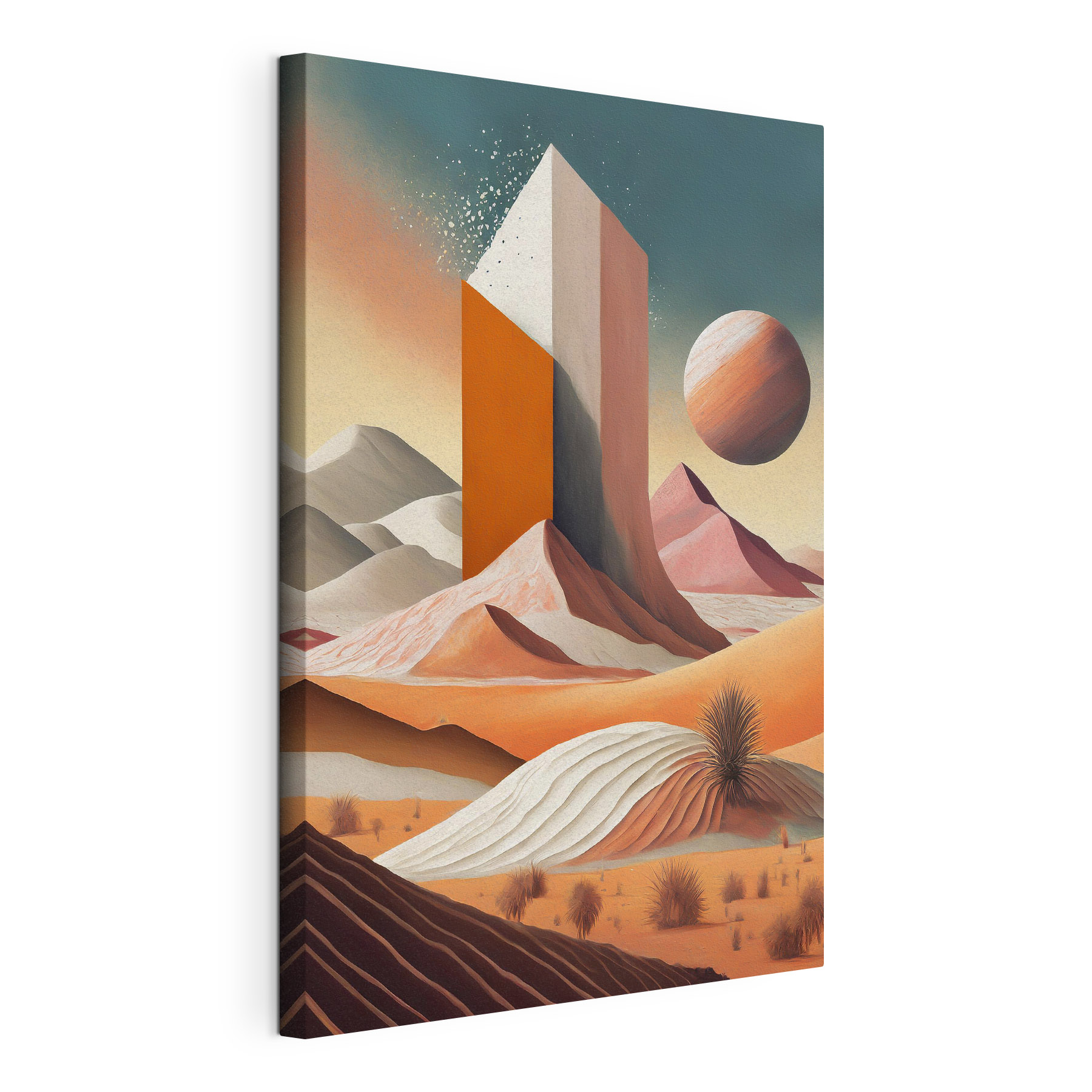 A desert landscape with a tall tower and a planet in the distance A desert landscape with a tall tower and a planet in the distance