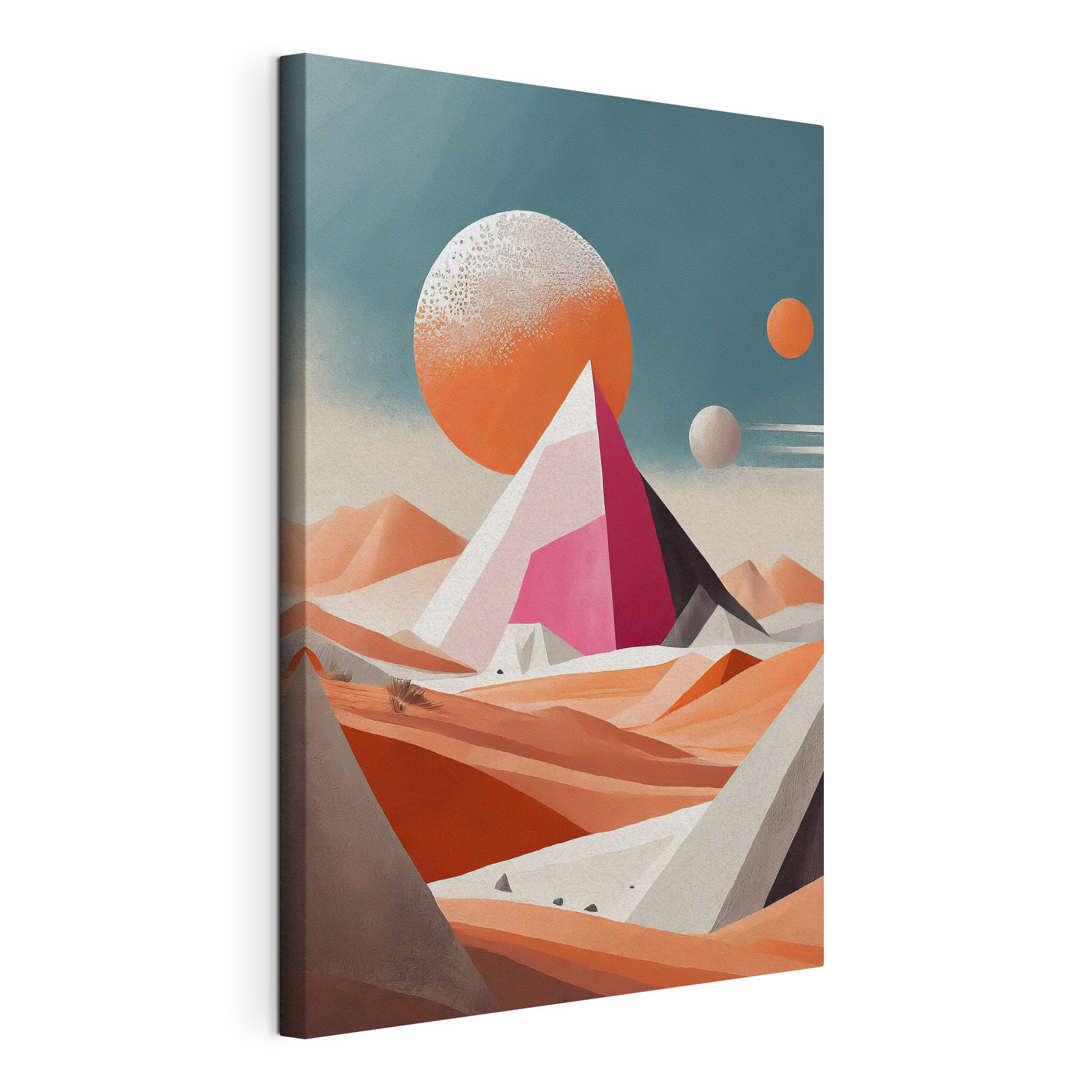 A painting of a desert landscape with a pyramid and sun A painting of a desert landscape with a pyramid and sun