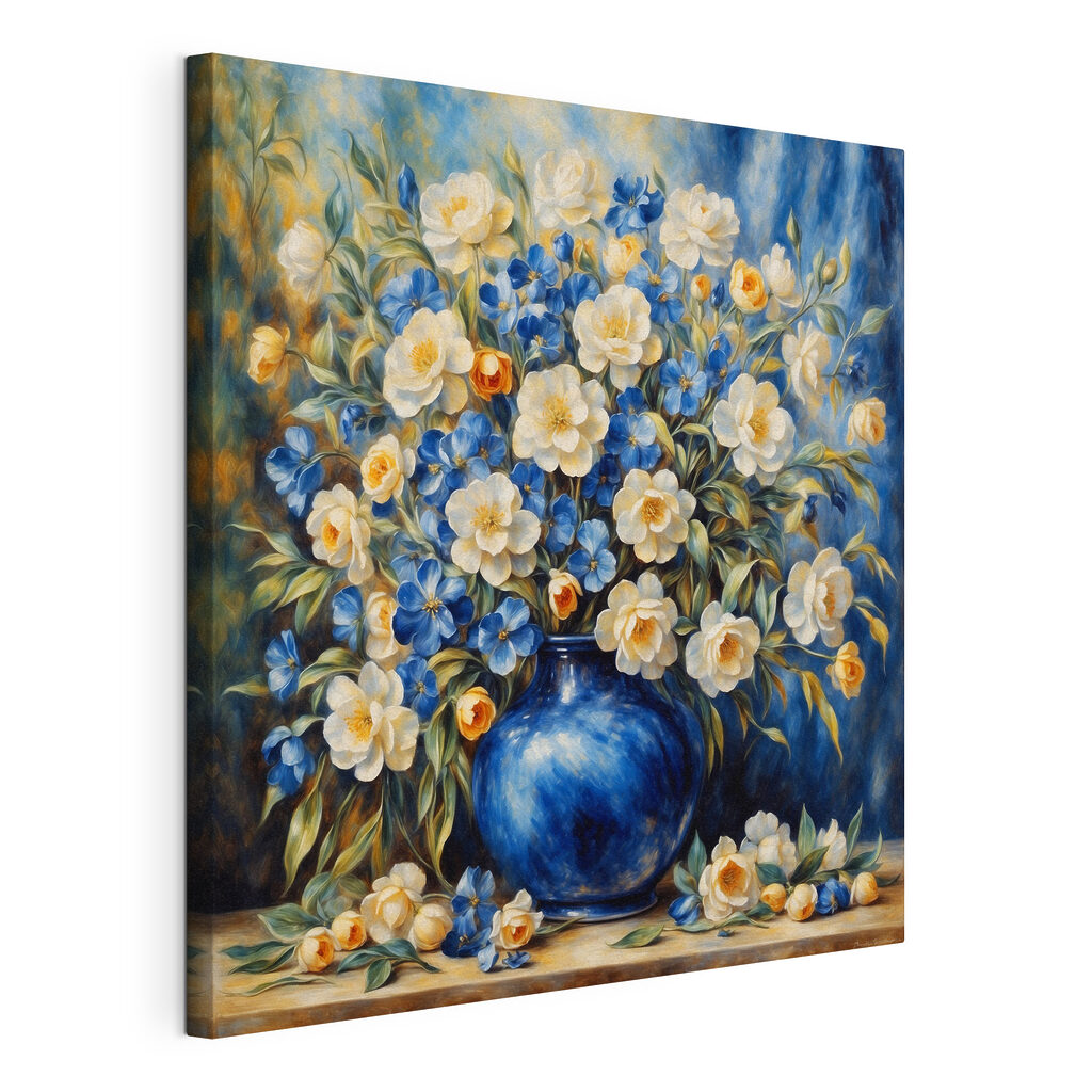 A painting of flowers in a blue vase A painting of flowers in a blue vase