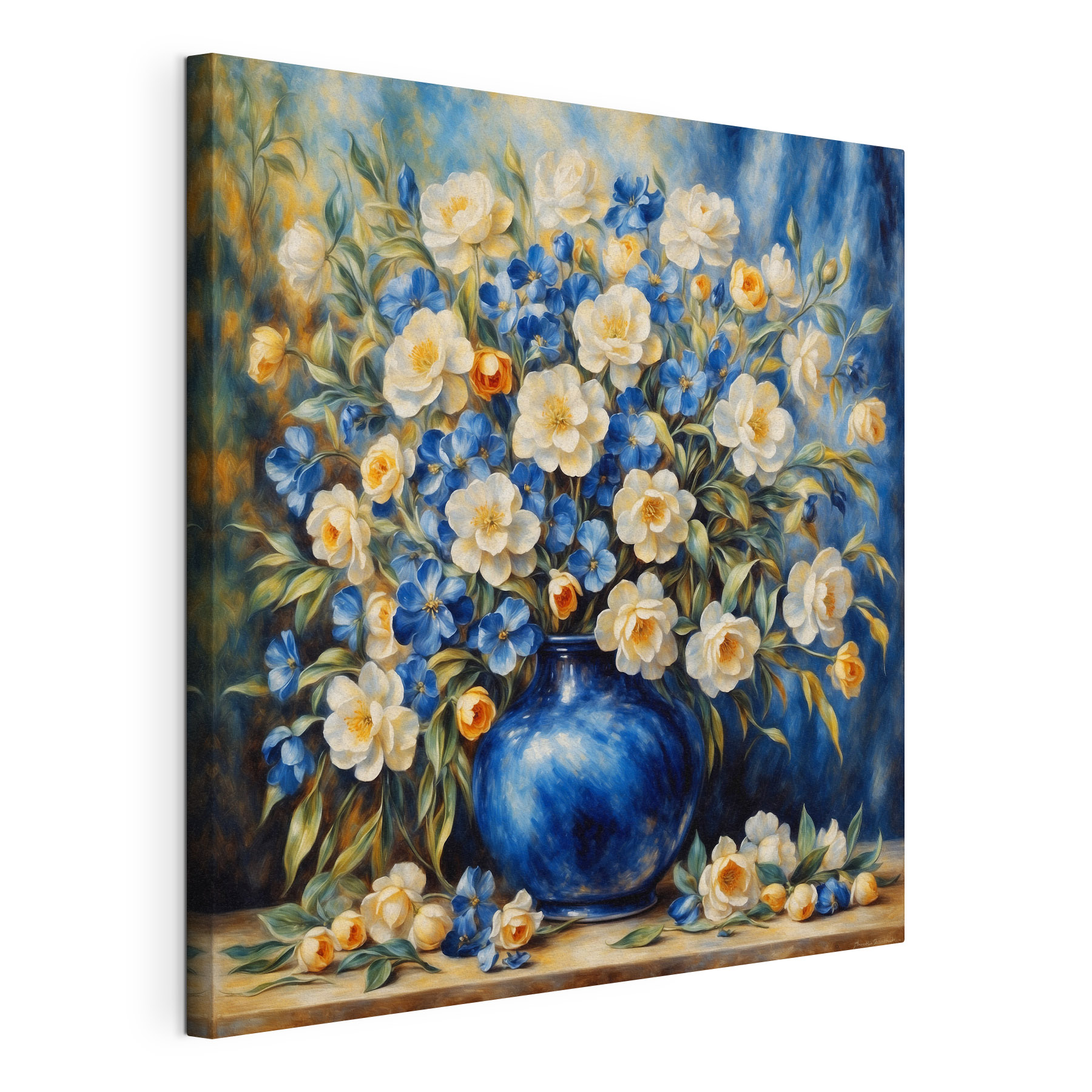 A painting of flowers in a blue vase A painting of flowers in a blue vase