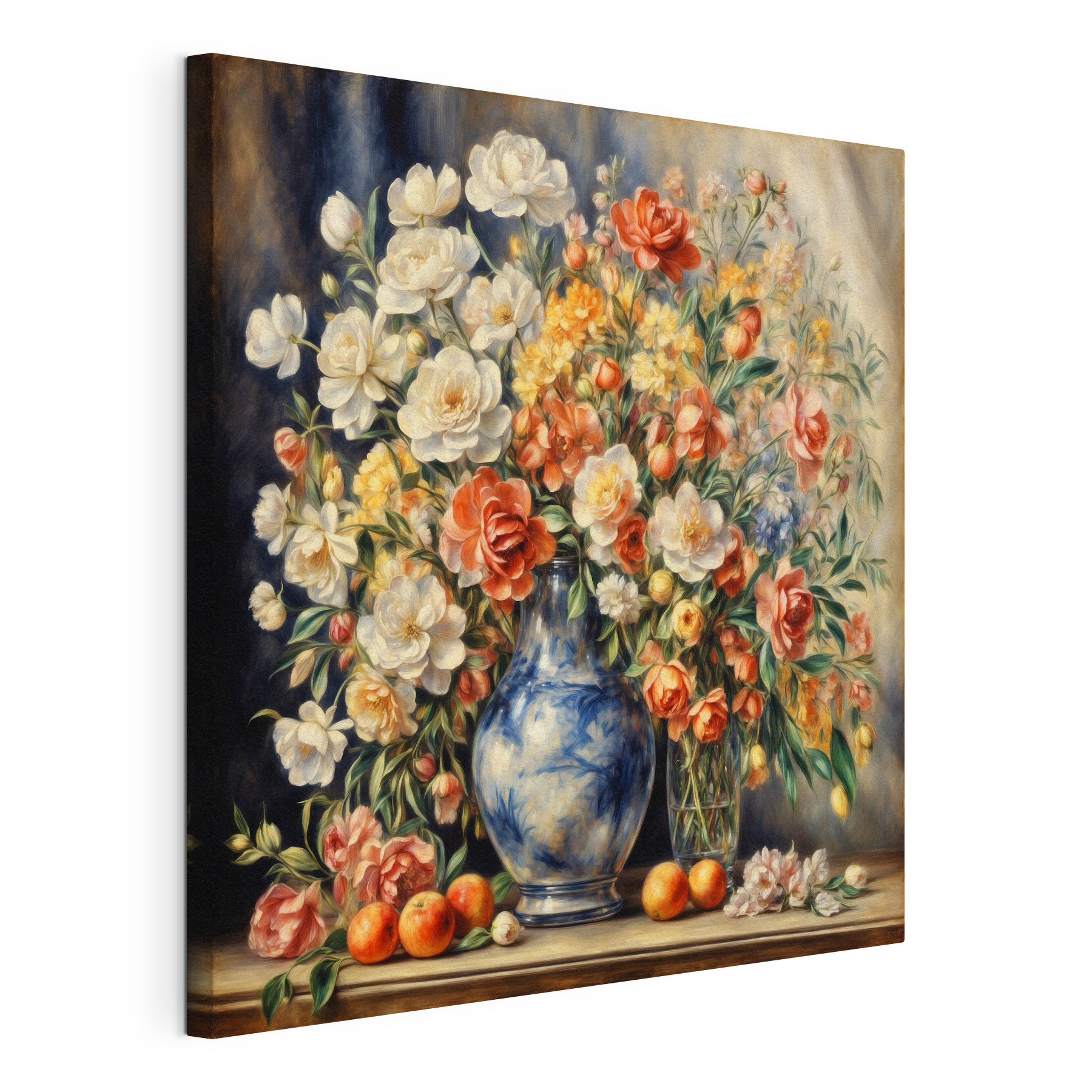 A painting of flowers in a vase and fruit A painting of flowers in a vase and fruit