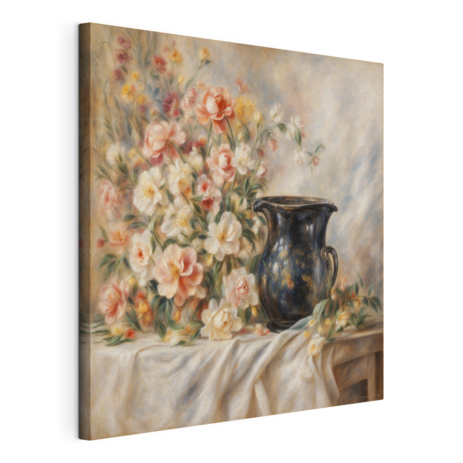 A painting of flowers and a vase