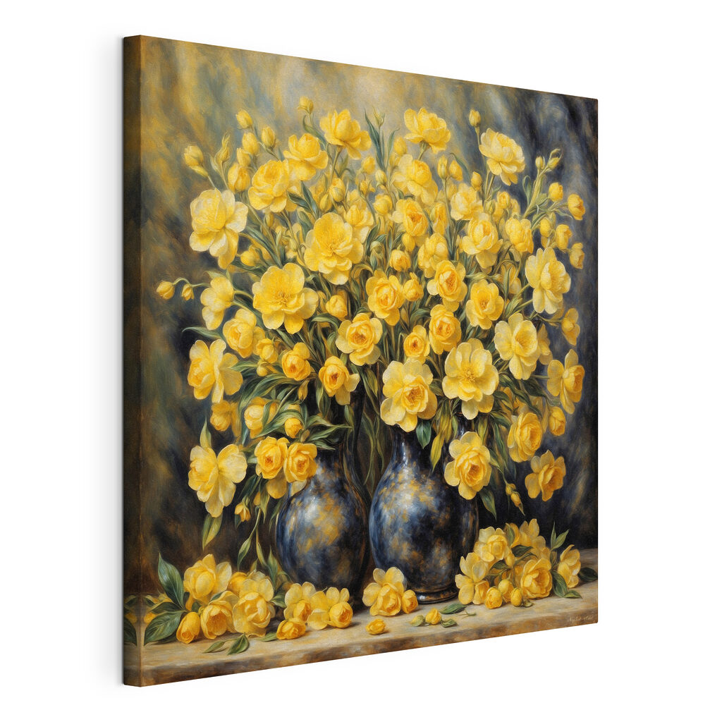A painting of yellow flowers in a vase