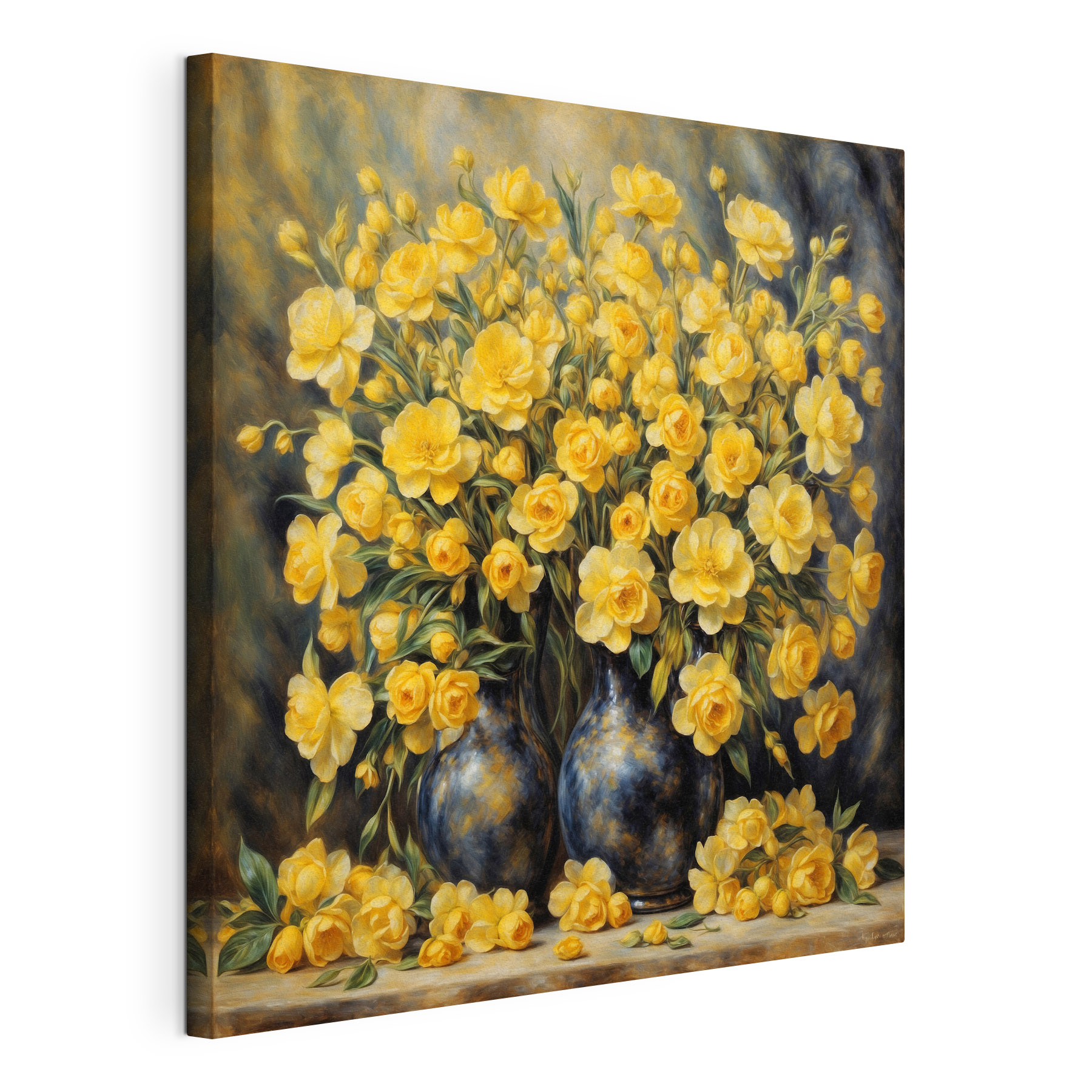 A painting of yellow flowers in a vase