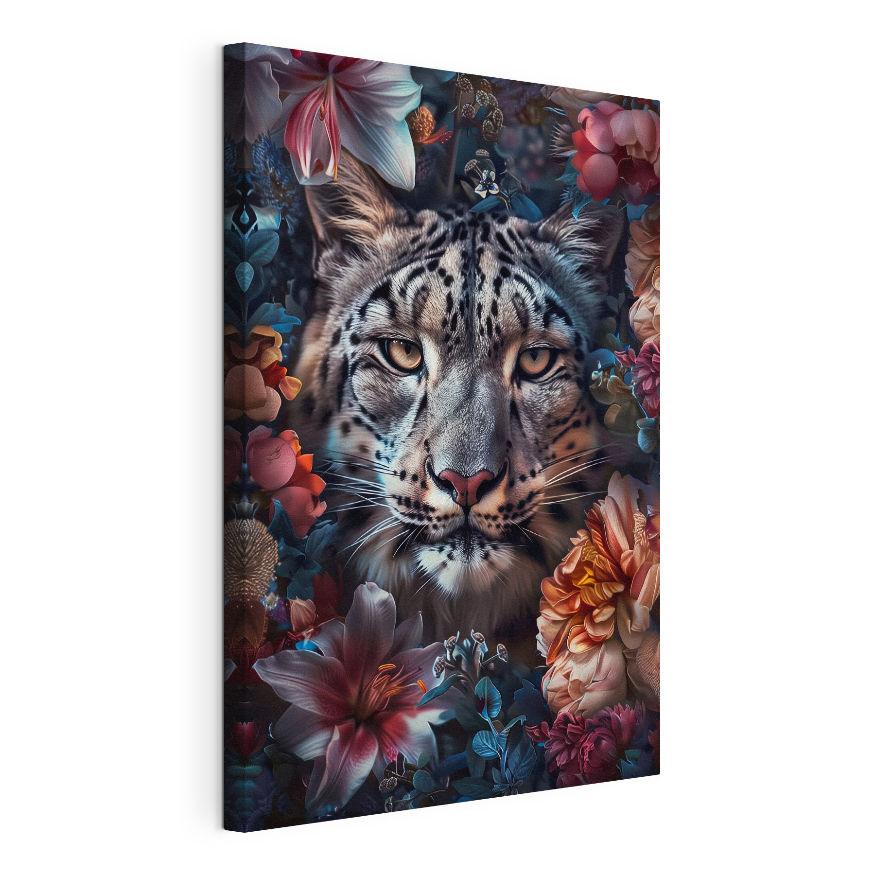 A leopard with flowers around it A leopard with flowers around it
