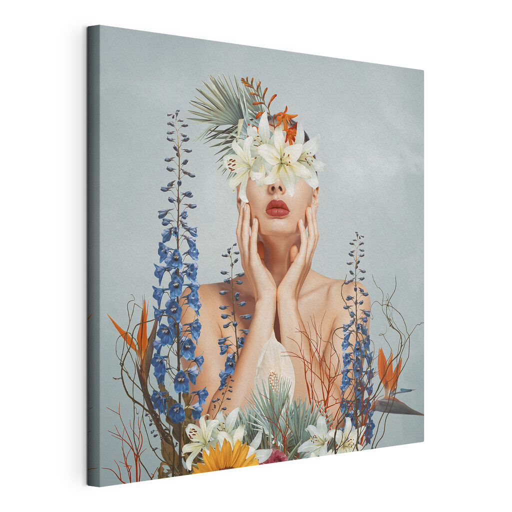 A woman with flowers around her face