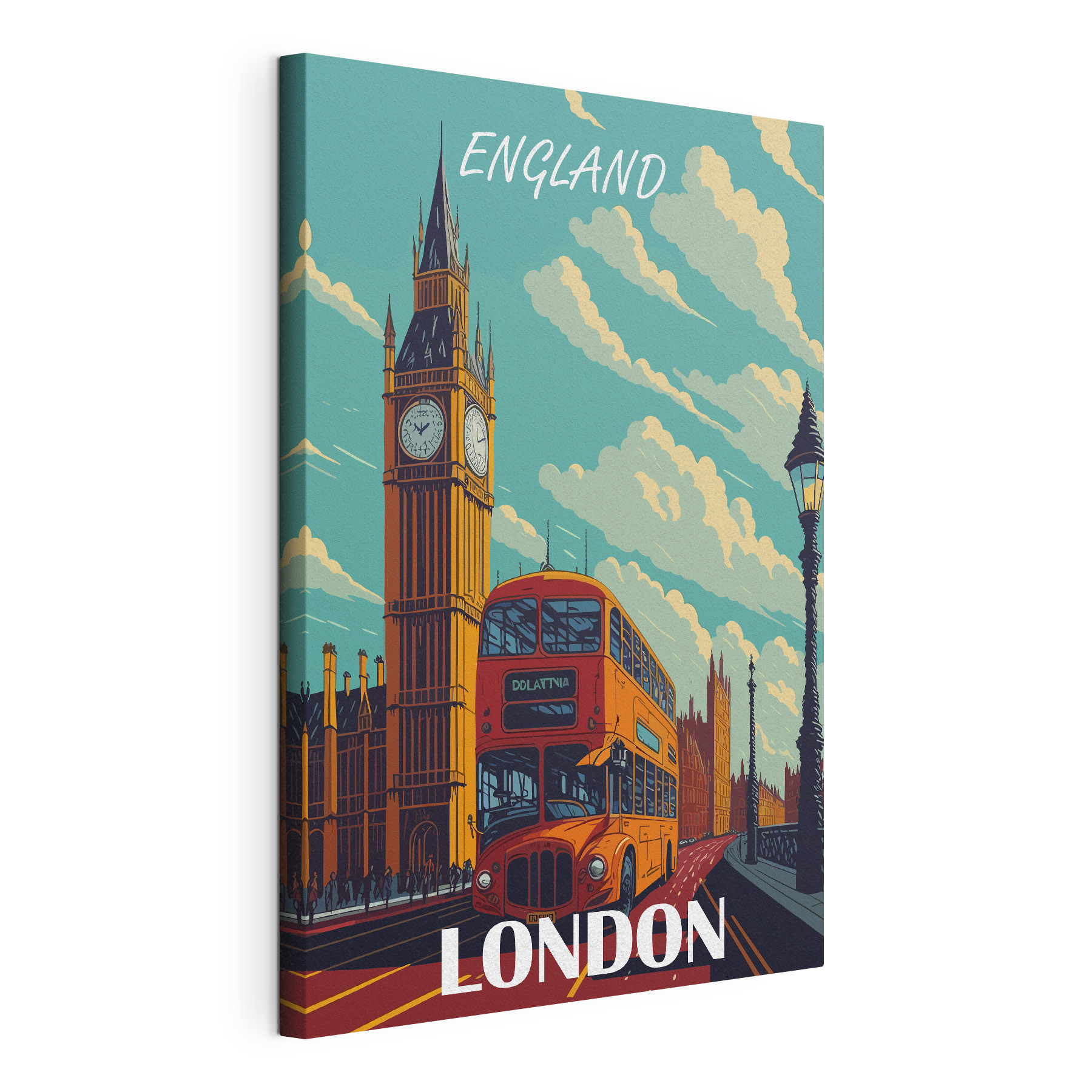 A double decker bus and a clock tower