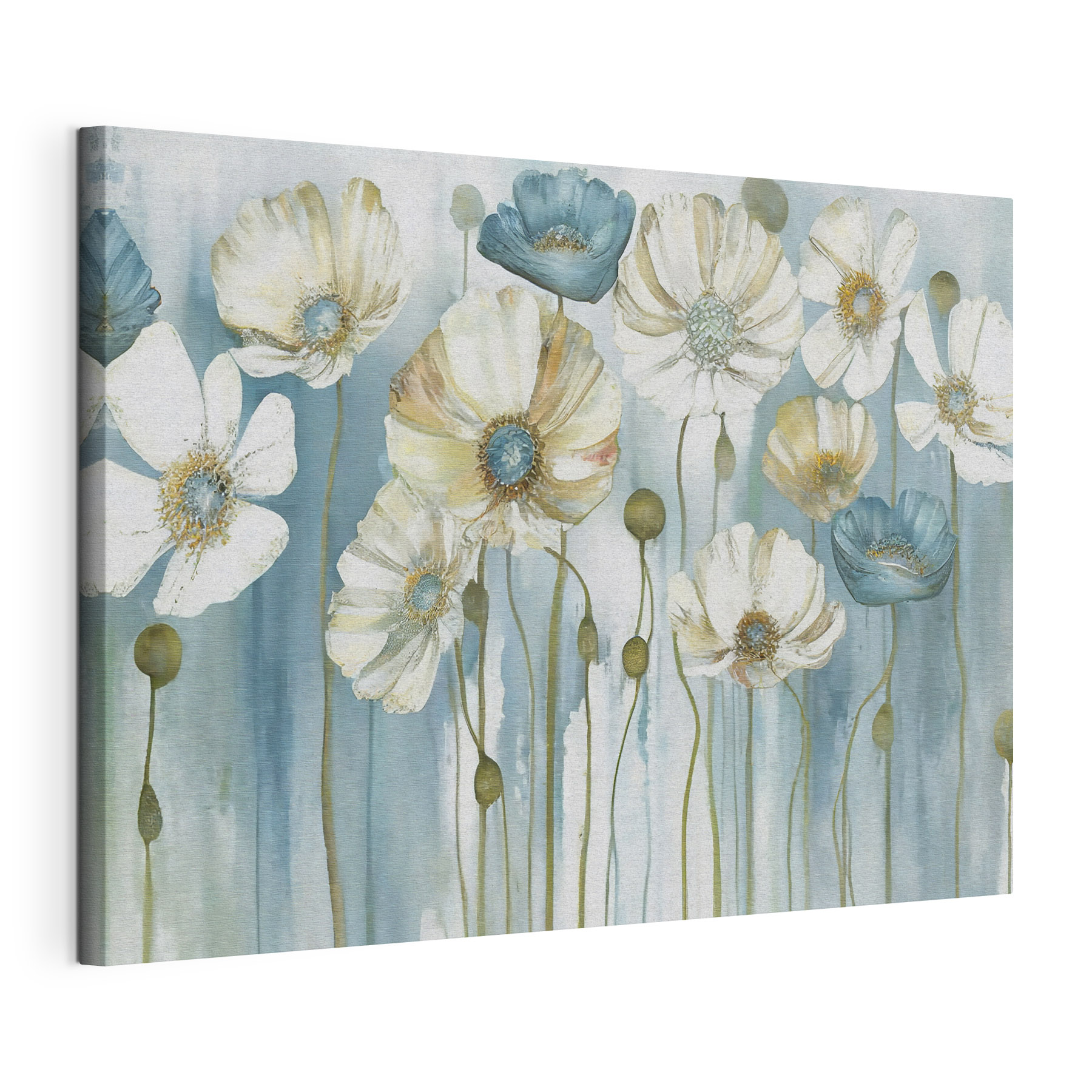 A painting of white and blue flowers A painting of white and blue flowers