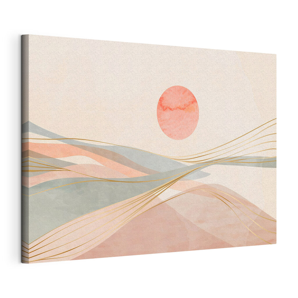 A pink and grey waves with a red sun A pink and grey waves with a red sun